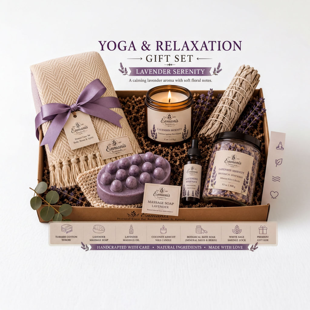The image is a gift set featuring various items related to yoga and relaxation, including a yoga mat, a candle, a towel, a soap bar, and a sachet.