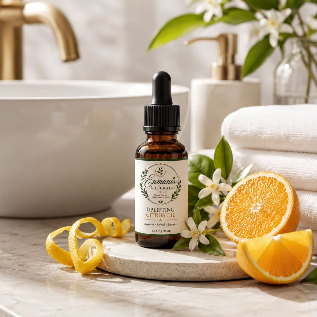 a bottle of "Uplifting Citrus Oil" surrounded by fresh citrus fruits, such as oranges and lemons, and a vase of white flowers. The setting appears to be a bathroom counter with a sink and a bottle of soap.