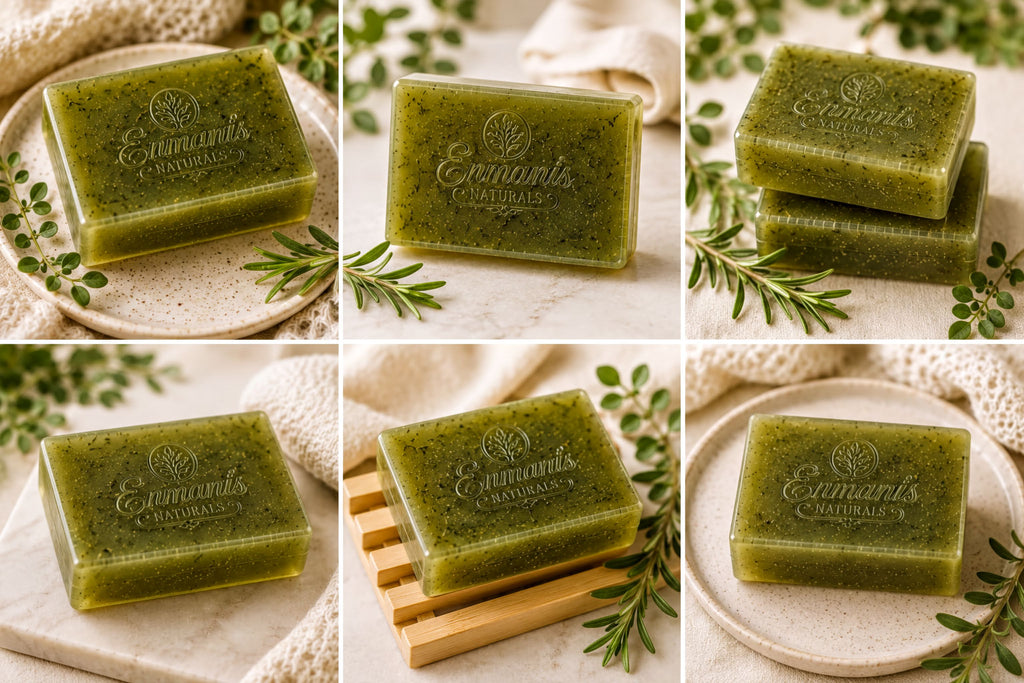 A collage of six images showing green soap bars with the text "Emanirs NATURALS" on them, surrounded by greenery and a white cloth.