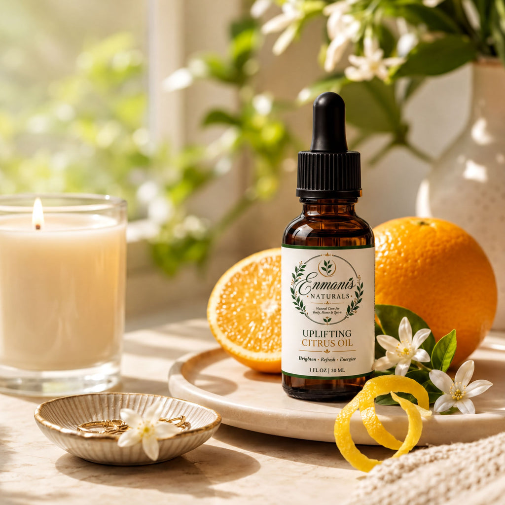 a bottle of "Uplifting Citrus Oil" surrounded by various items, including a candle, orange slices, flowers, and a small bowl containing rings and a white flower.