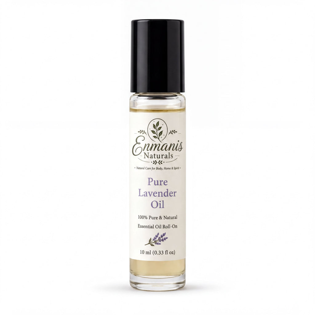 a bottle of pure lavender oil with a black cap.