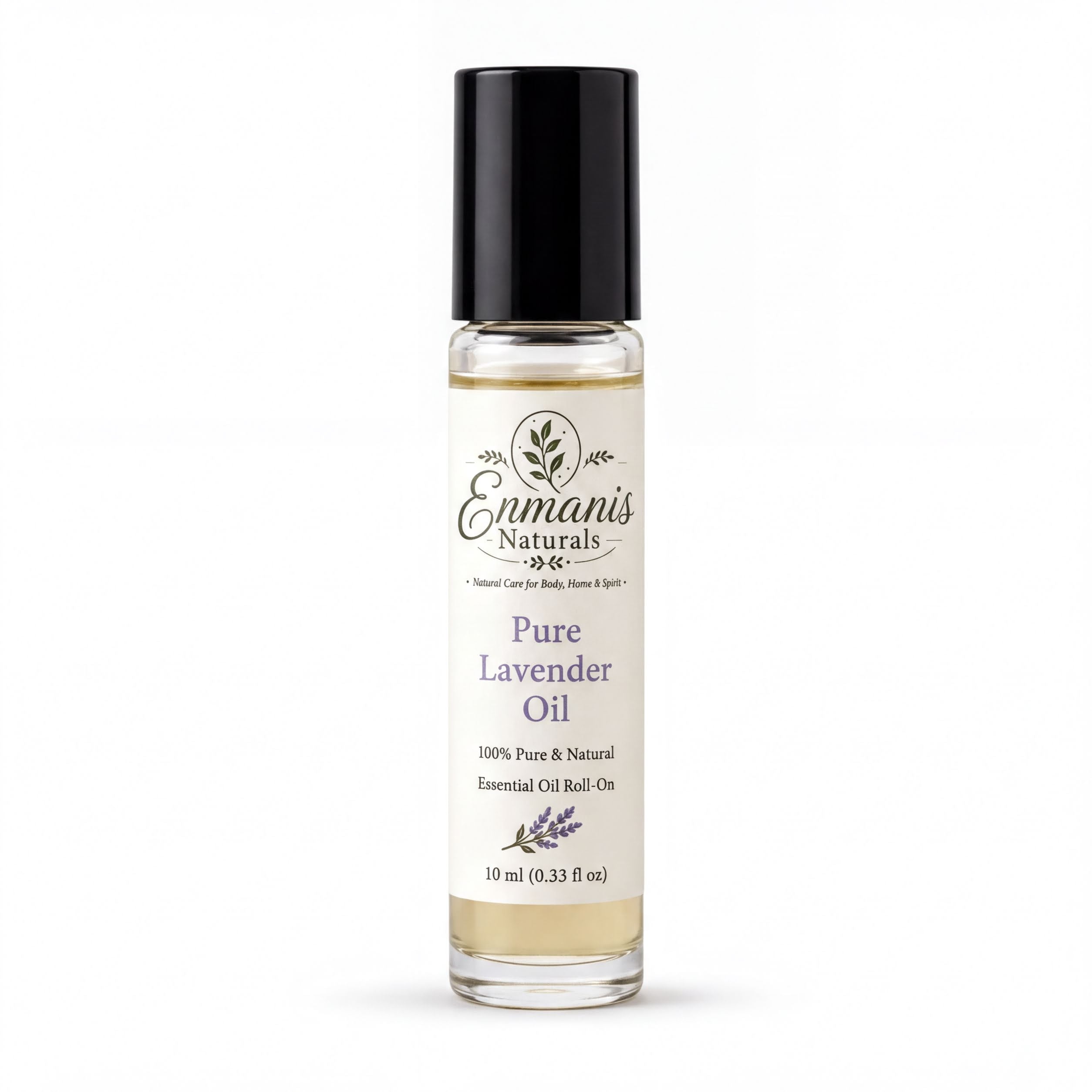 a bottle of pure lavender oil with a black cap.
