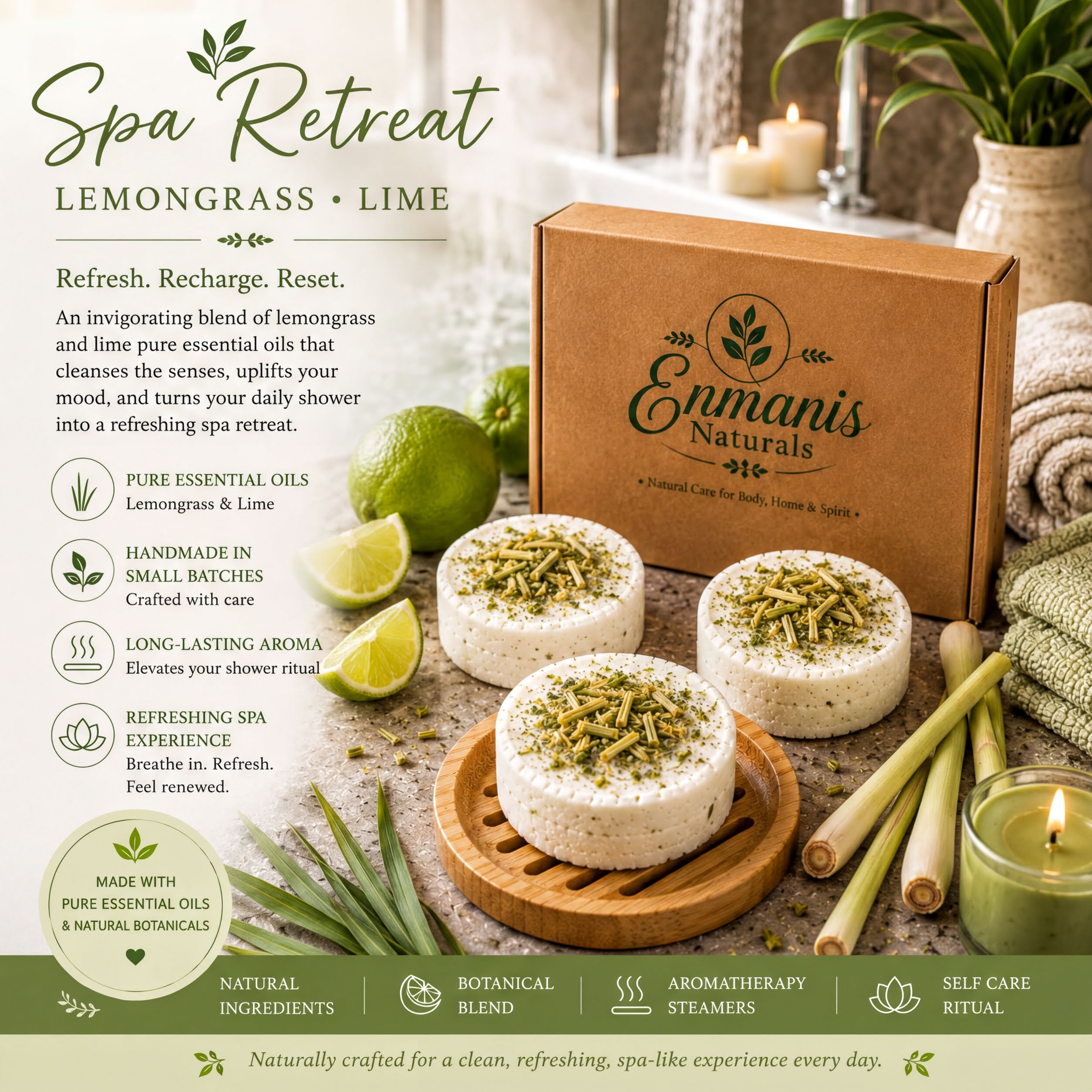 The image is an advertisement for a spa retreat product called "Lemon Grass Lime". It features a wooden box with the product name, a box of the product, and various natural ingredients such as lemons, limes, and herbs. The product is described as a refreshing spa retreat with natural care for body, home, and spirit. The image also includes a wooden tray with the product, a candle, and some herbs.
