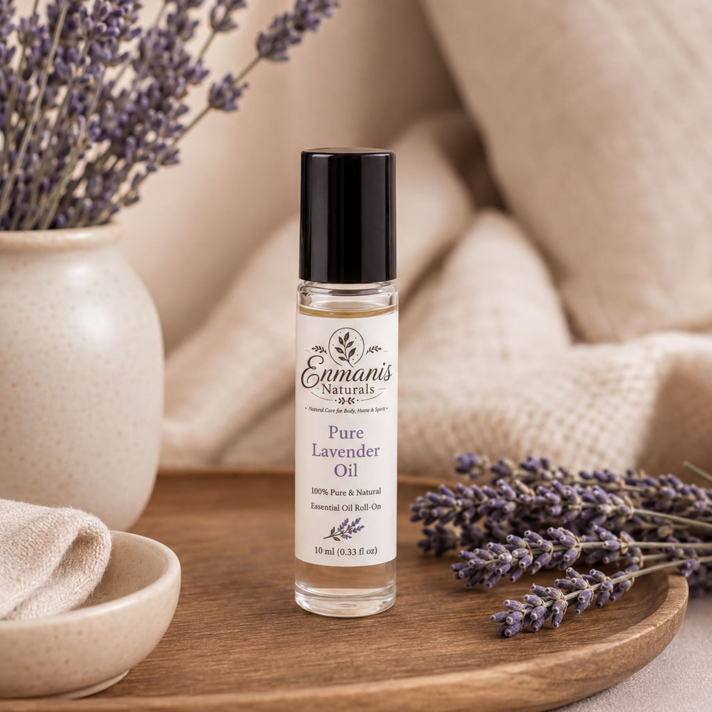 A bottle of pure lavender oil is displayed on a wooden tray, surrounded by a vase of lavender flowers and a beige cloth.