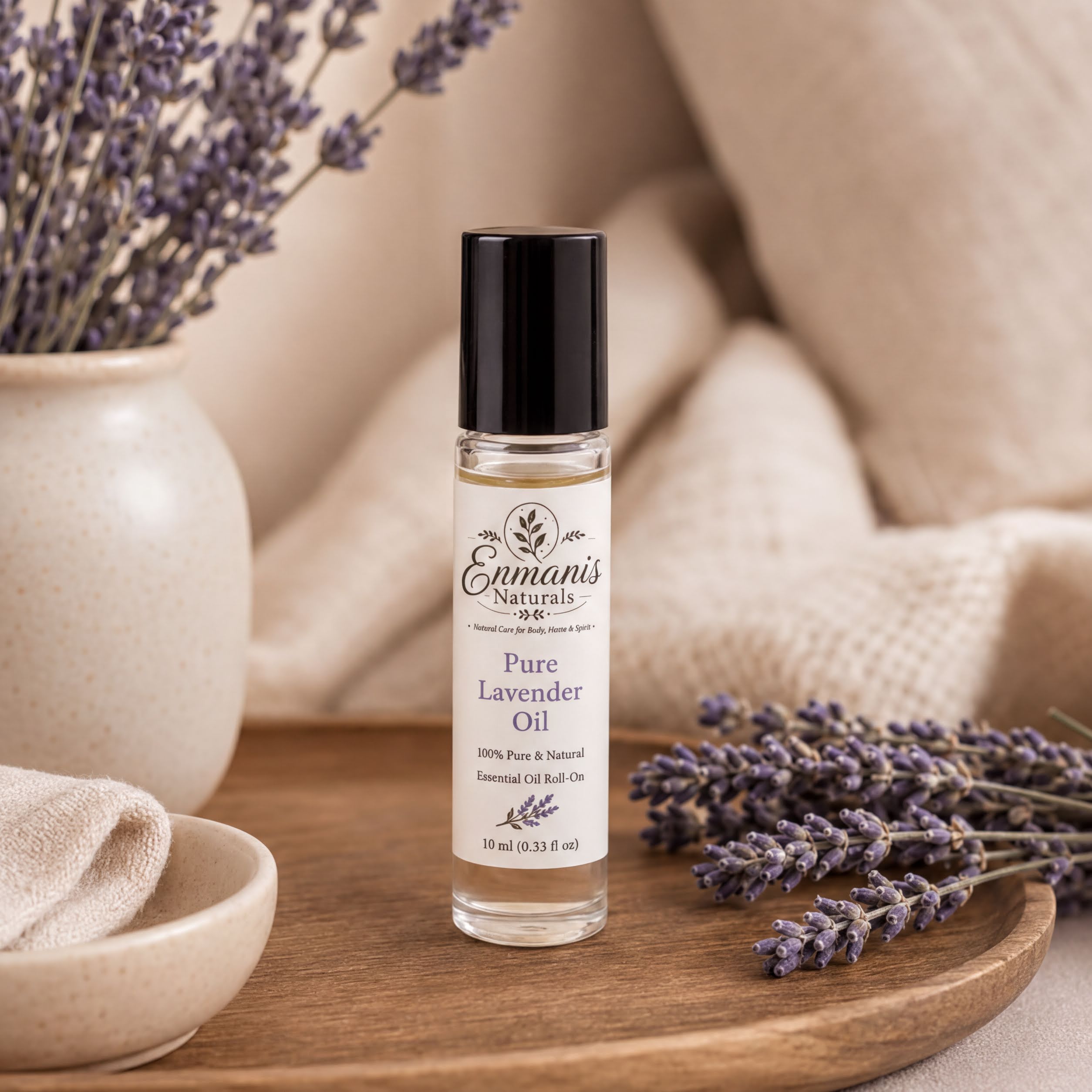 A bottle of pure lavender oil is displayed on a wooden tray, surrounded by a vase of lavender flowers and a beige cloth.