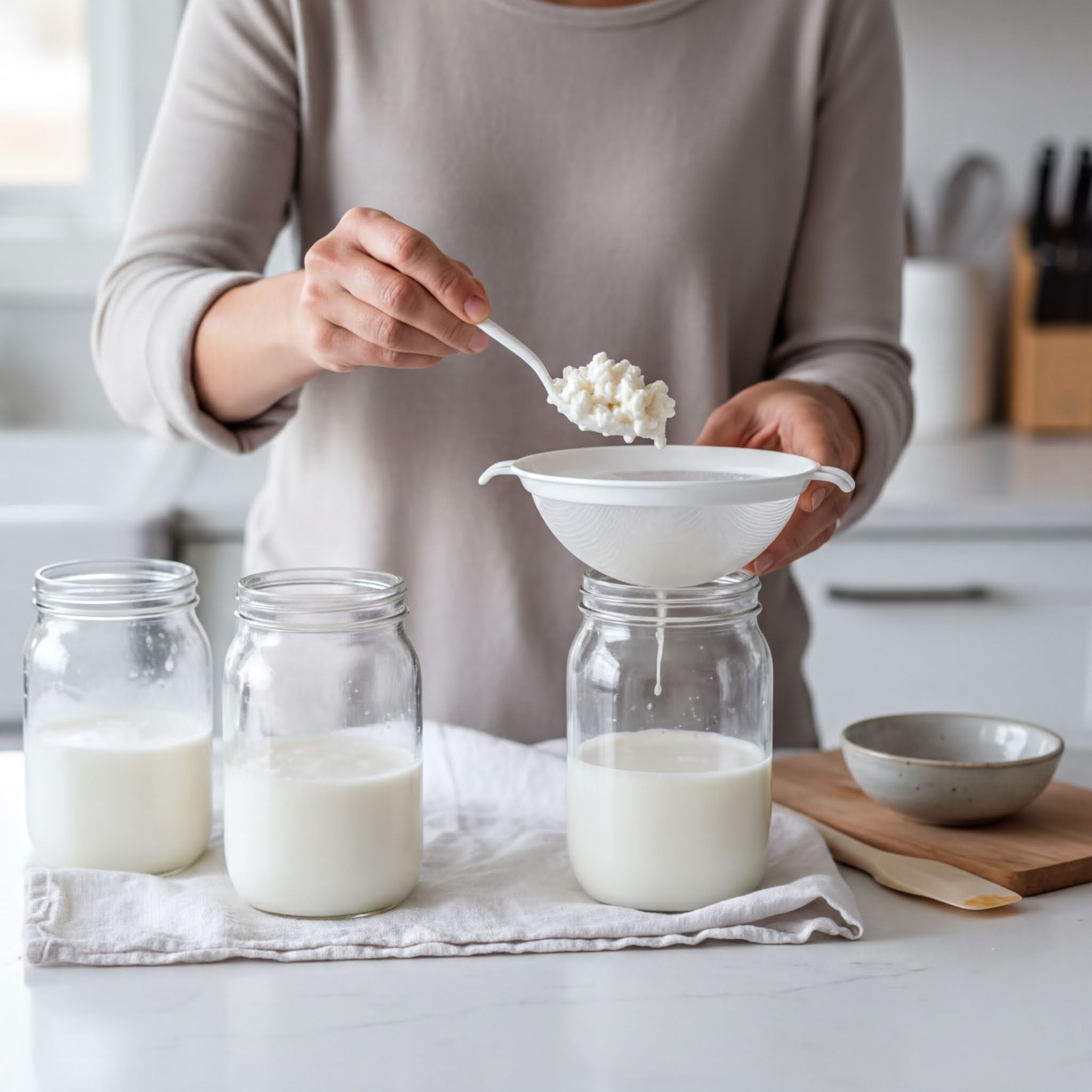 A person is pouring cottage cheese from a bowl into three glass jars on a kitchen counter.