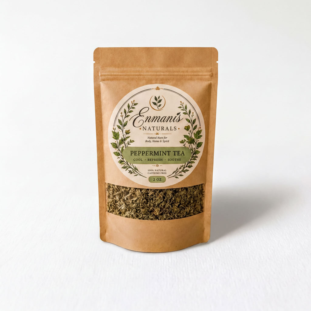A package of Enmans Naturals Peppermint Tea, featuring a label with a floral design and text indicating the product's natural and soothing properties.