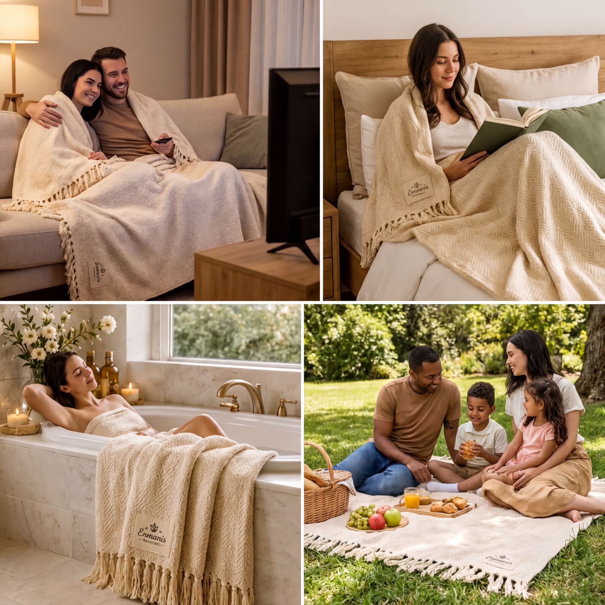 The image is a collage of four photos depicting a couple relaxing in a cozy setting, a woman enjoying a bath, a family enjoying a picnic, and a woman reading a book.