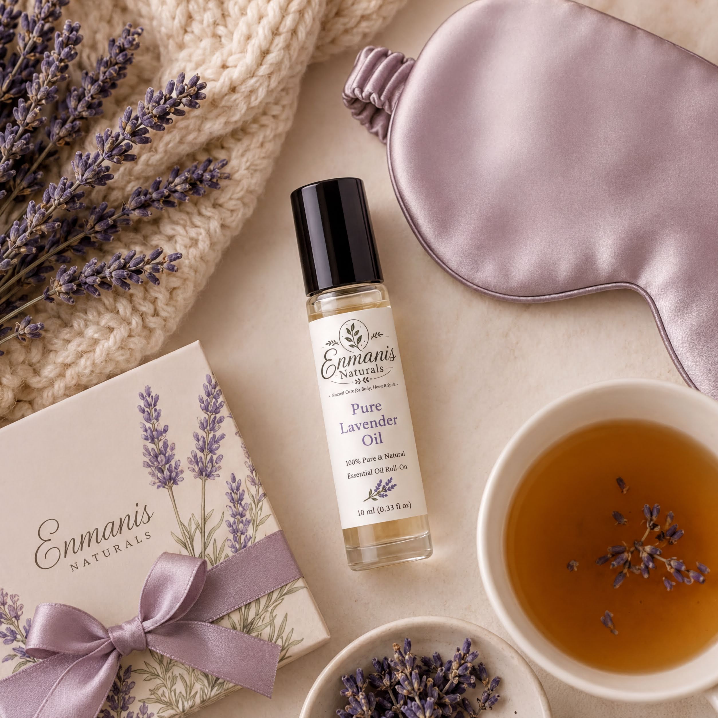 a collection of items related to relaxation and self-care, including a bottle of pure lavender oil, a pair of purple eye masks, a box of lavender-scented candles, a cup of lavender-infused tea, and a small bowl of lavender flowers.