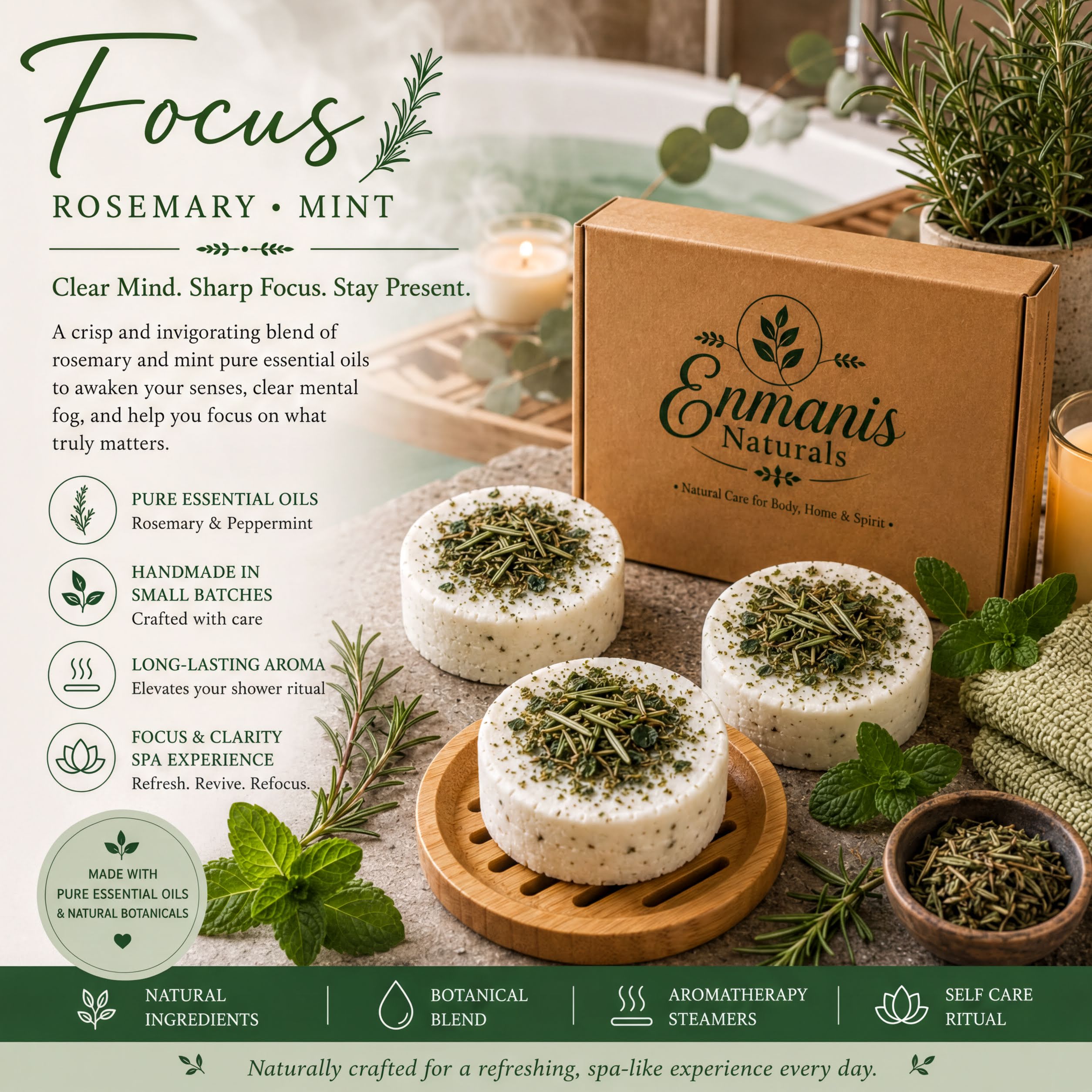 a box of rosemary mint soap next to a couple of soaps
