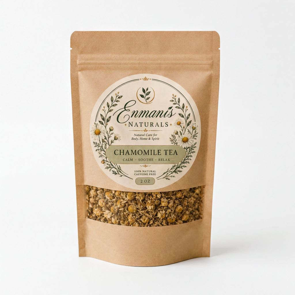 A brown paper bag containing chamomile tea, with a label that reads "Enmans Naturals CHAMOMILE TEA CALM - Soothing - RELAX" and "100% NATURAL CALM - Soothing - RELAX".