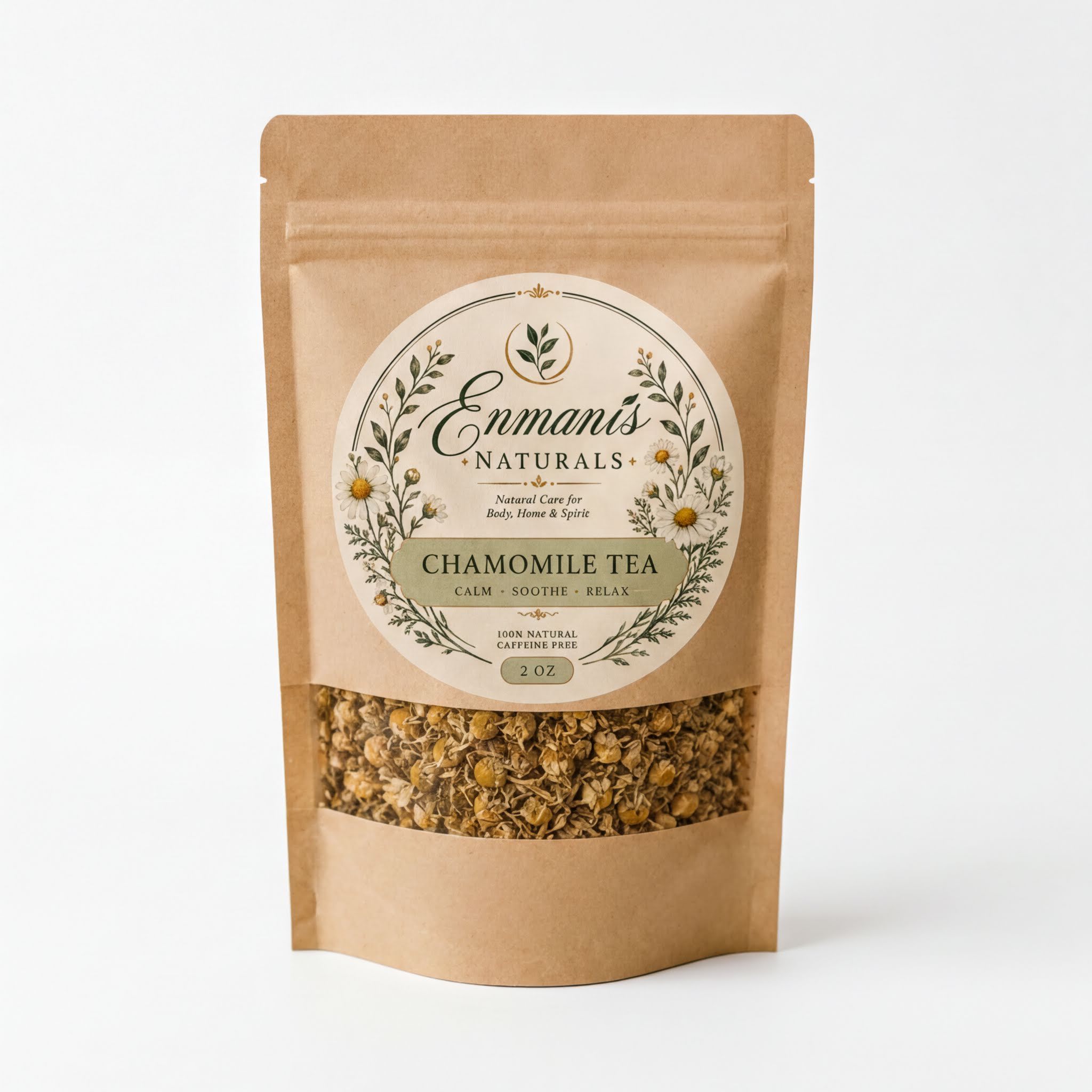A brown paper bag containing chamomile tea, with a label that reads "Enmans Naturals CHAMOMILE TEA CALM - Soothing - RELAX" and "100% NATURAL CALM - Soothing - RELAX".