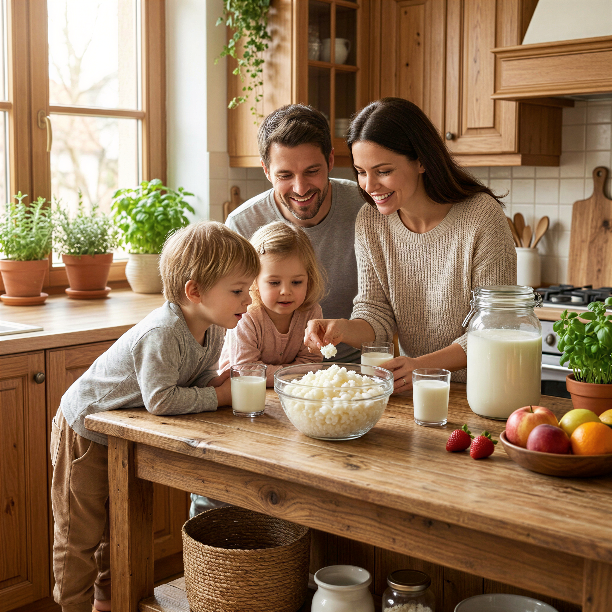 A family of four - a mother, father, and two children - are gathered around a kitchen counter, enjoying a meal together.
