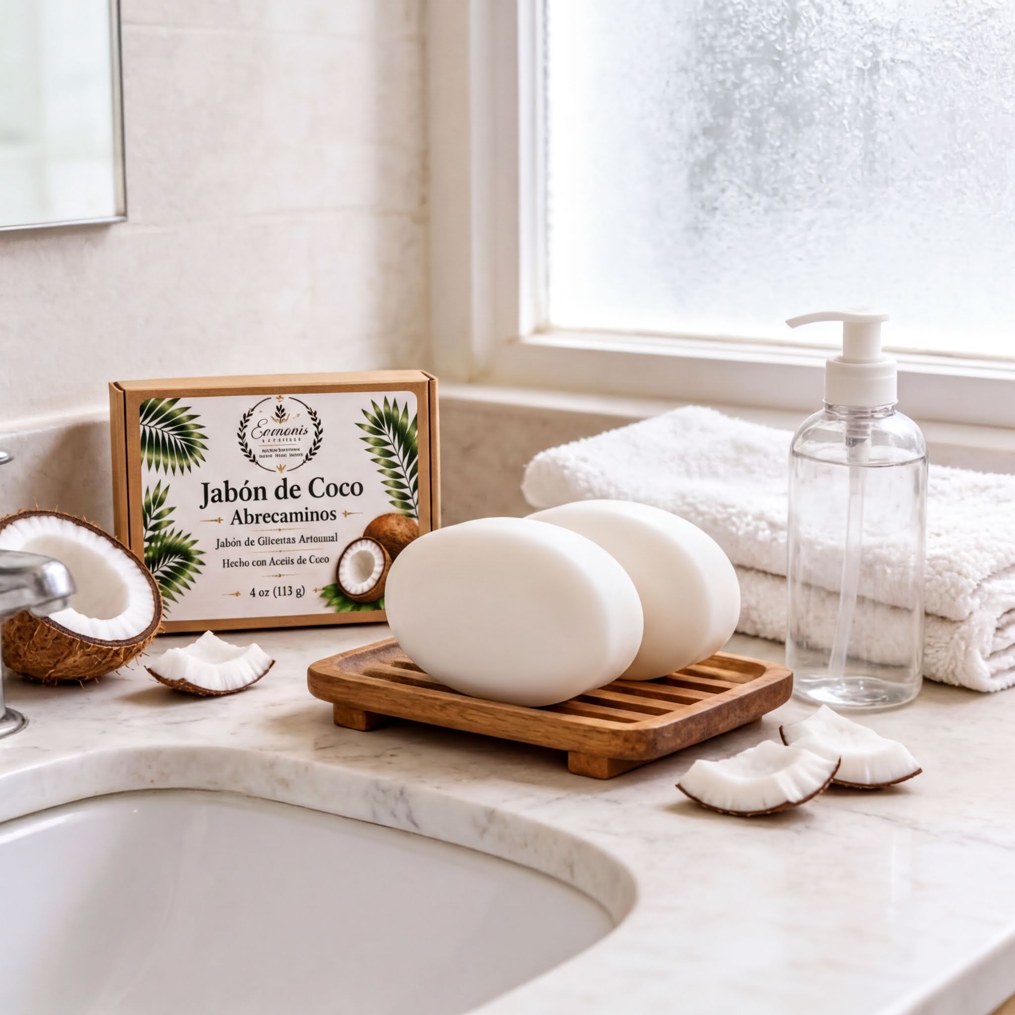 a bathroom counter with a wooden soap dish holding two white bar soaps, a clear pump bottle, and a partially peeled coconut. The counter is set against a frosted window, and there is a wooden tray with a coconut on it.