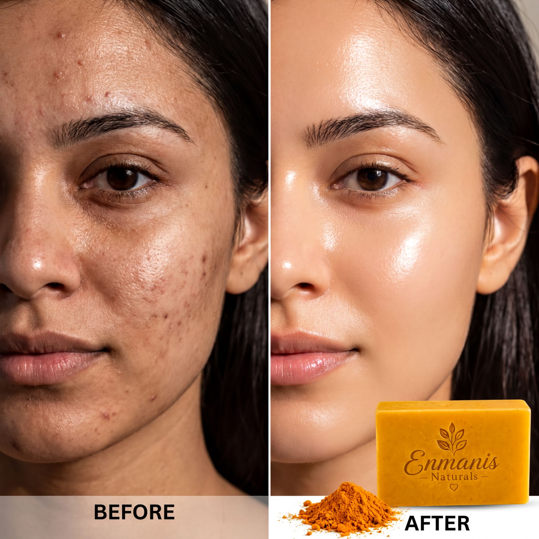 The image is a before and after comparison of a person's skin condition. The before image shows a person with visible blemishes and uneven skin tone, while the after image shows a smoother, more even complexion with the use of a product, specifically a bar of Enmanis Natural's skin care product.
