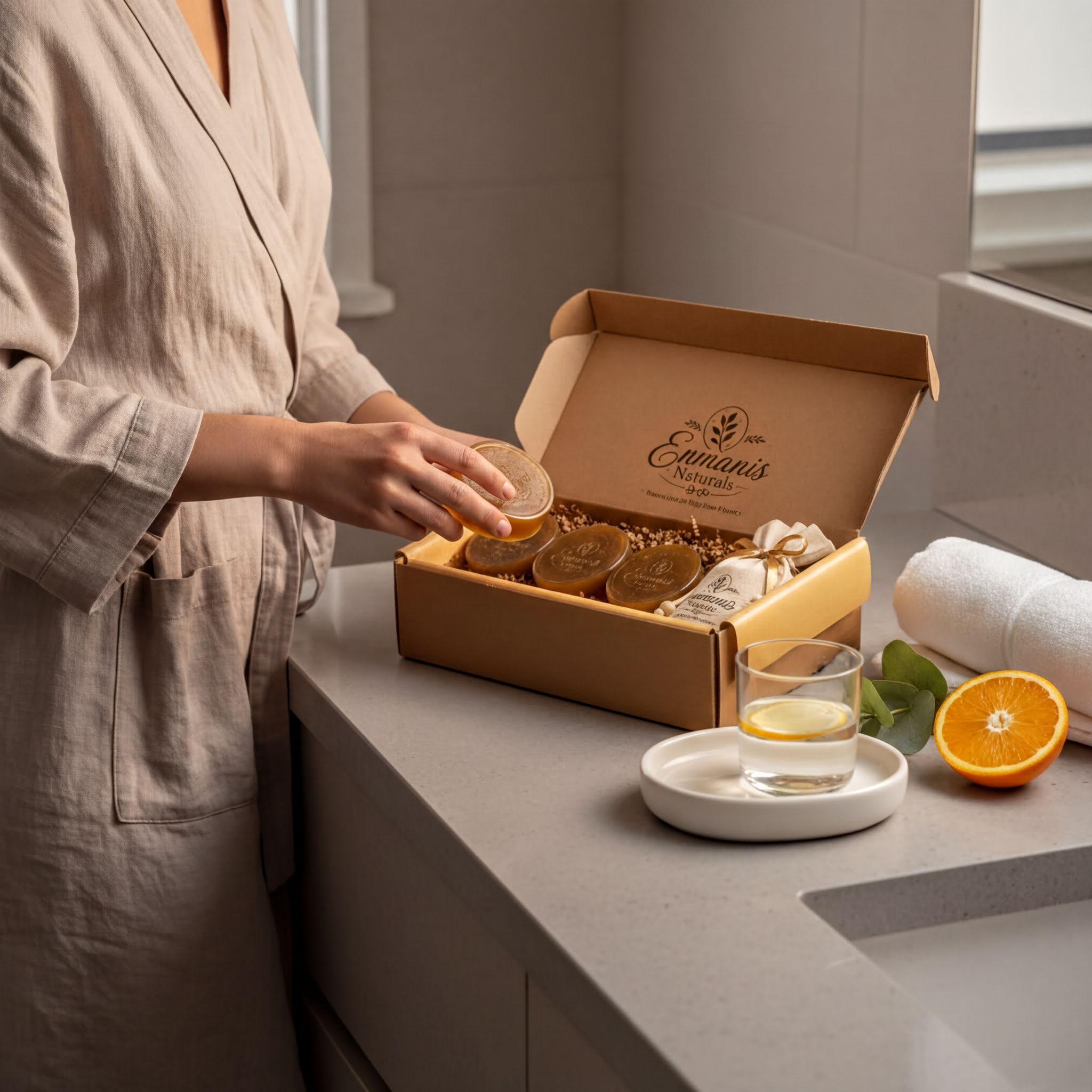 A person in a robe is opening a box of bath products on a counter, with a glass of water and an orange nearby.