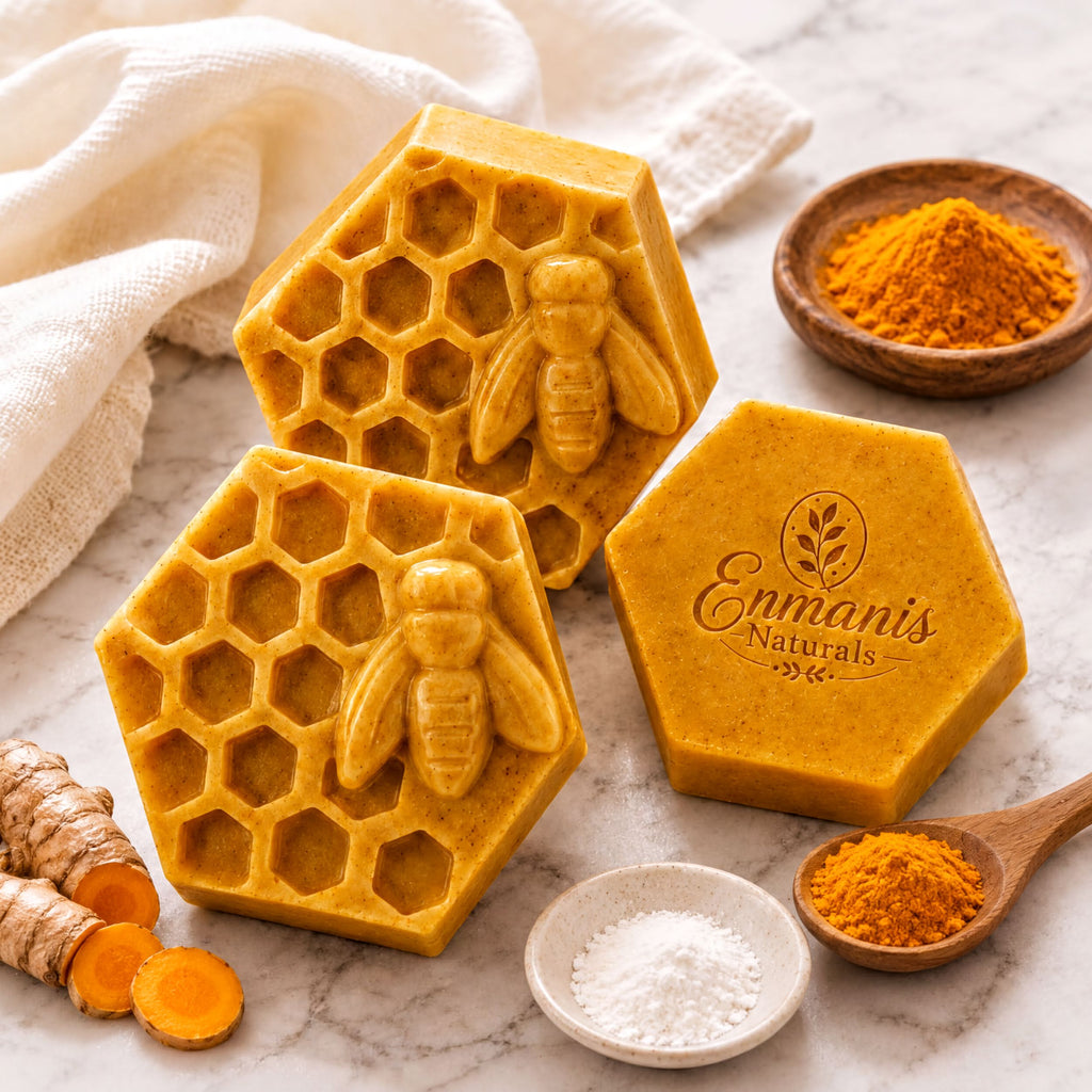 two honeycomb-shaped soap bars with a bee design, surrounded by various natural ingredients such as turmeric and sugar.