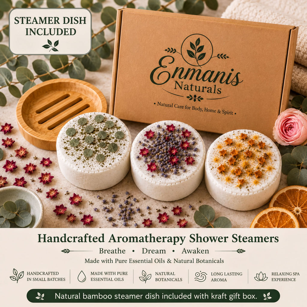 Lavender Shower Steamers Gift Set | Aromatherapy Shower Bombs, Bamboo Dish Included - Enmanis Naturals