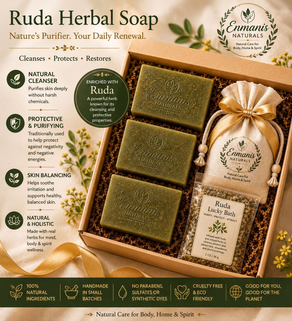 The image is an advertisement for Ruda Herbal Soap, showcasing the product in a box with a natural and organic design. The text highlights the soap's benefits, such as being a natural purifier, skin protector, and skin balancing agent. It also mentions that the soap is made from 100% natural ingredients and is cruelty-free. The advertisement emphasizes that the soap is good for the body, home, and spirit, and it is a natural care product for the environment.