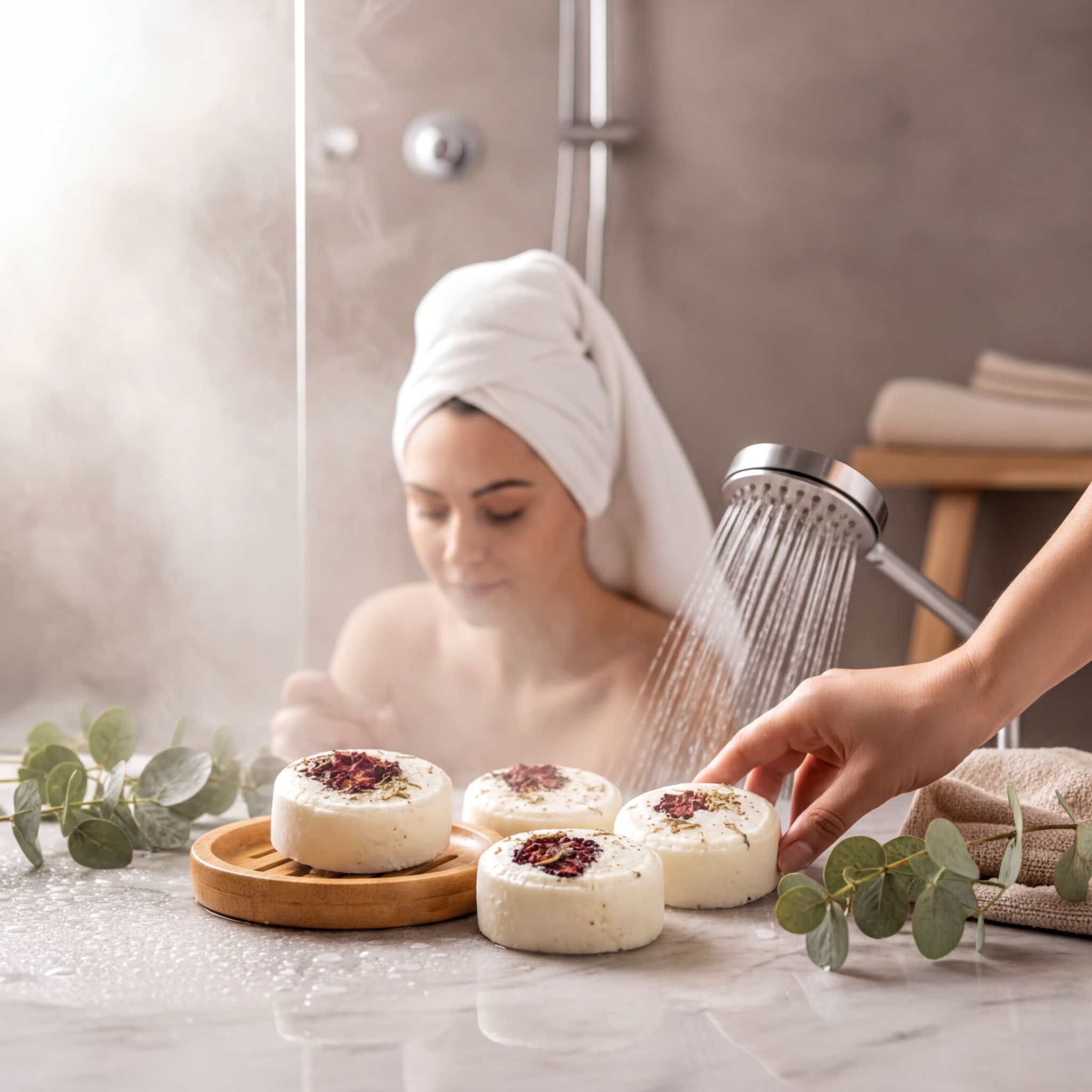 A person is taking a relaxing bath in a shower, surrounded by a glass shower door, while a hand reaches for a white bath bomb with a red flower on top.