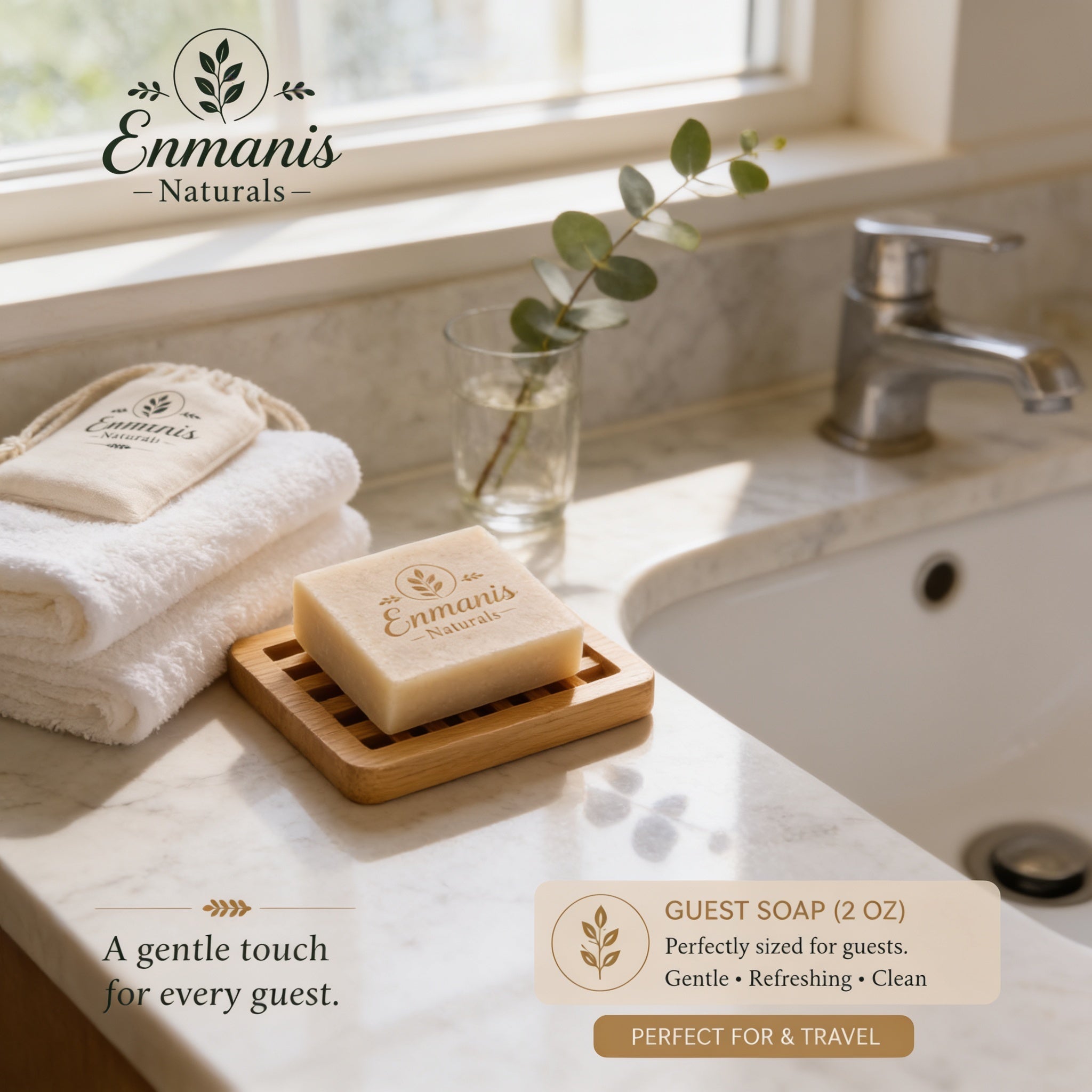 a bathroom counter with a bar of Enmanis Naturals soap, a wooden soap dish, and a glass vase with a plant. The soap is described as a "gentle touch for every guest" and is "Perfect for & travel".