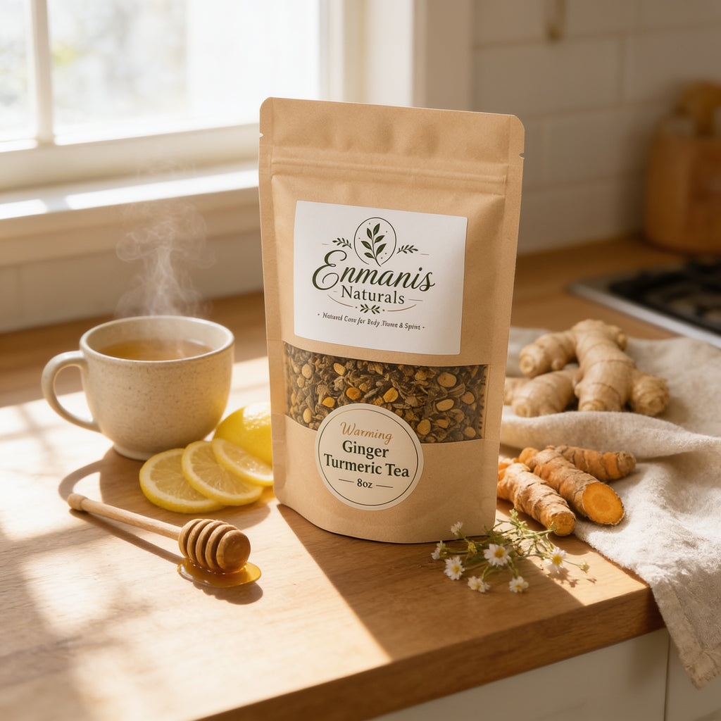 A bag of Emani's Naturals Ginger Turmeric Tea is displayed on a kitchen counter, accompanied by a mug of tea, lemon slices, and ginger root.