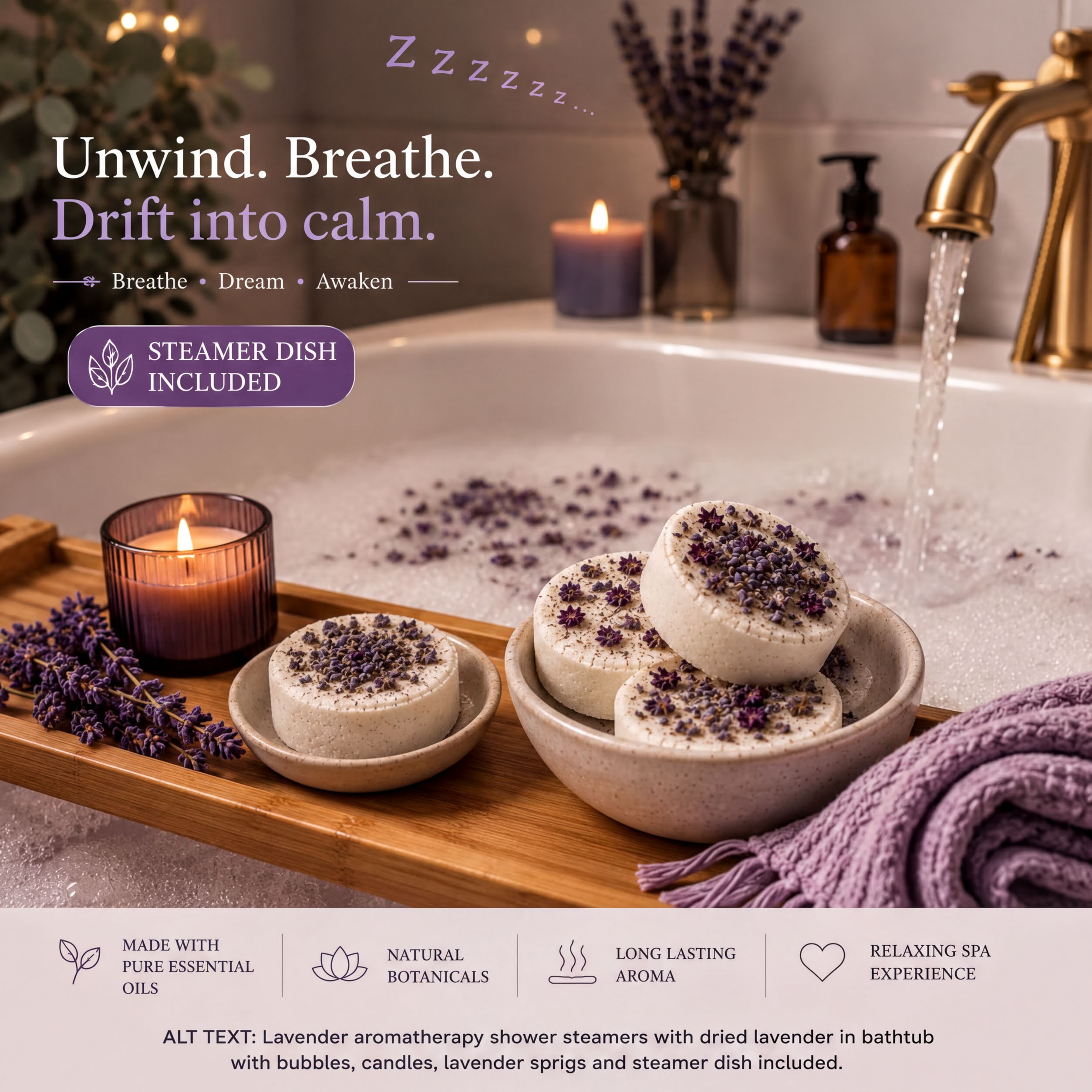Lavender Shower Steamers Gift Set | Aromatherapy Shower Bombs, Bamboo Dish Included - Enmanis Naturals