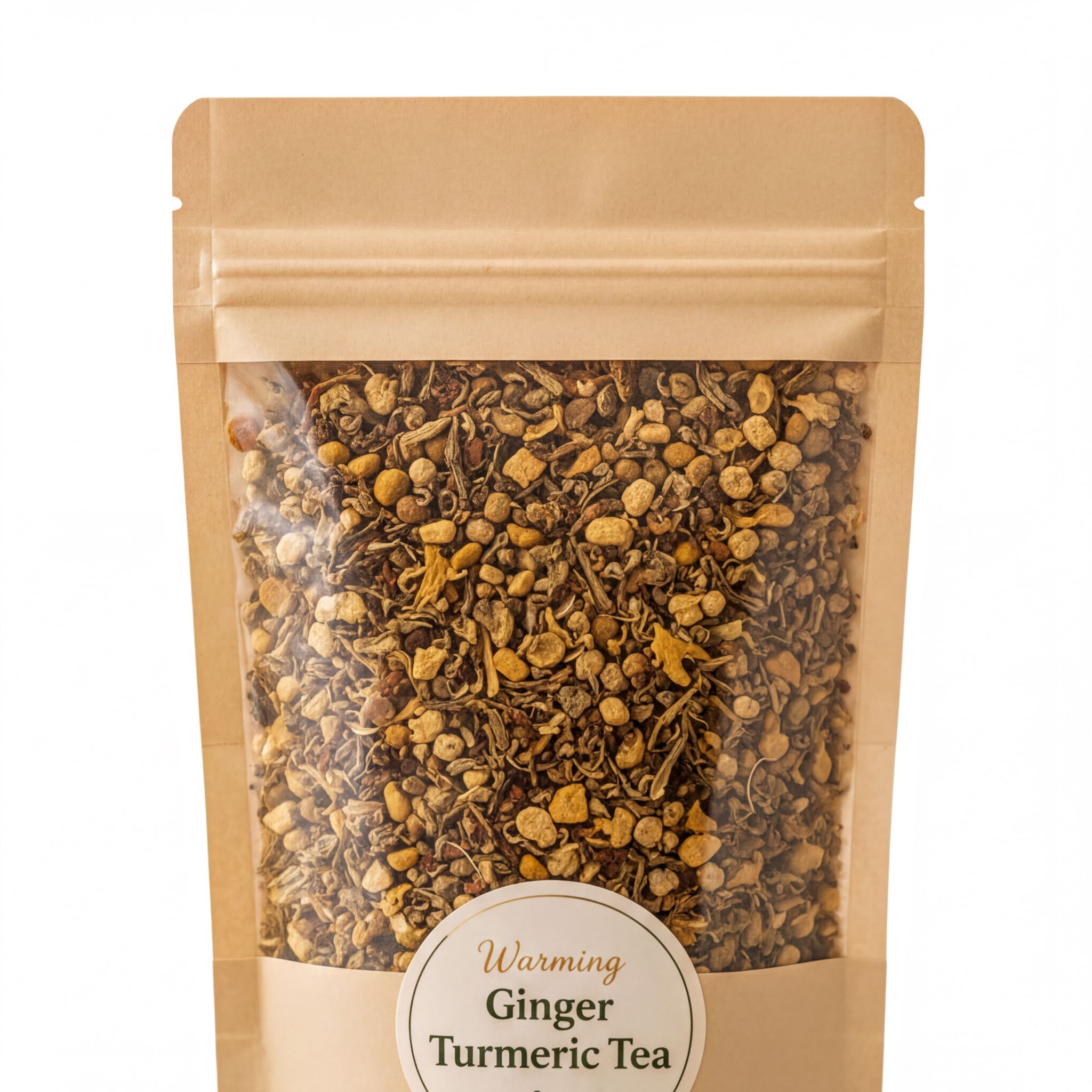 A package of ginger and turmeric tea with a label that reads "Warming Ginger Turmeric Tea".