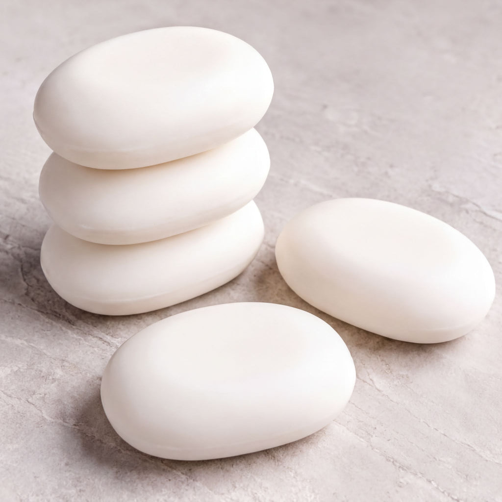 A stack of white, oval-shaped bars is placed on a gray surface, with two additional bars lying next to it.