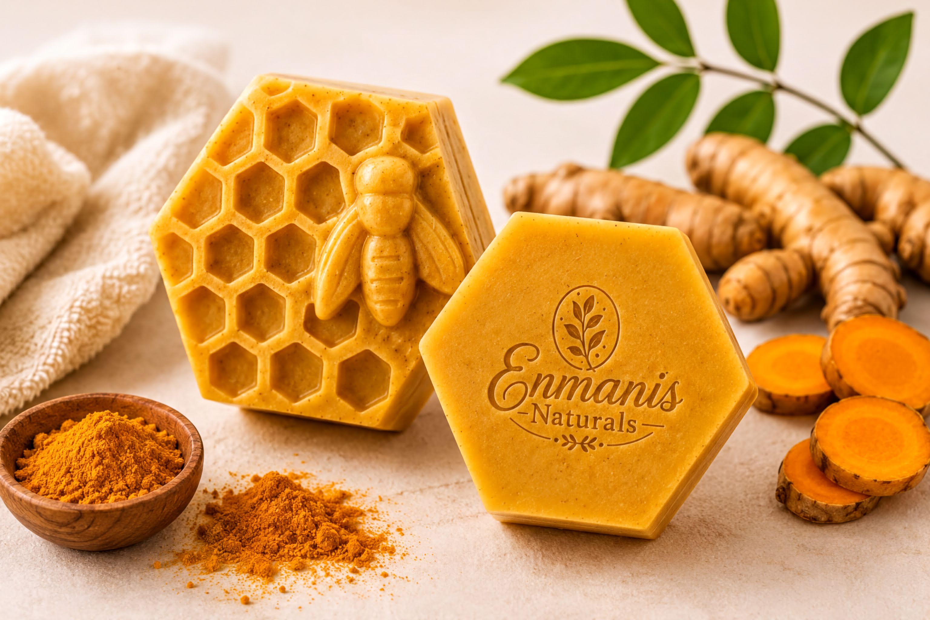 Handmade Turmeric Kojic Acid Soap Bars with Shea Butter, Face Body Cleanser Set of 3