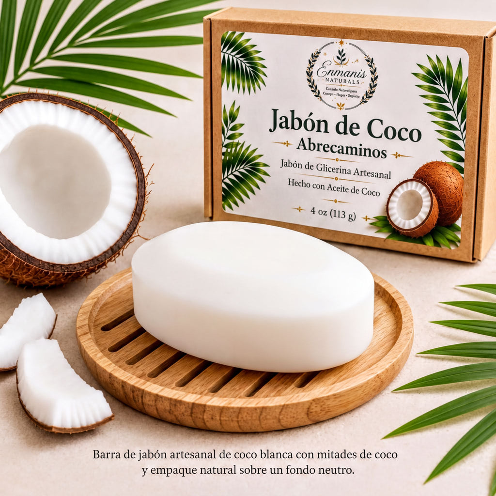 a bar of white soap with a coconut-scented label, surrounded by coconut slices and leaves, with a cardboard box labeled "Jabón de Coco Abreaminos" in the background.