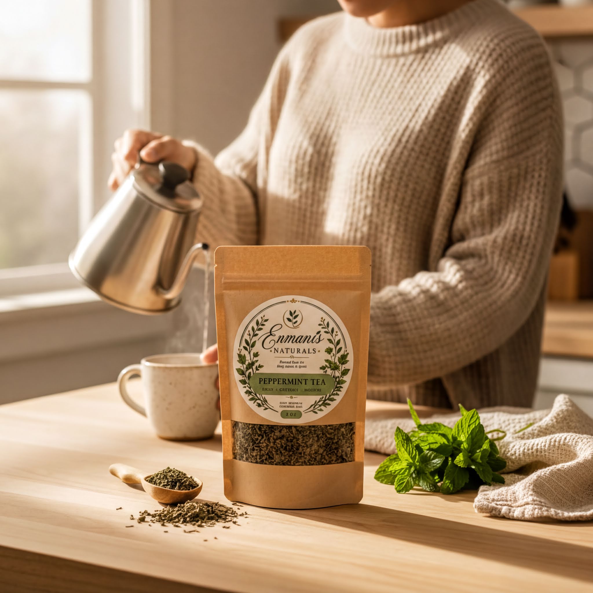 A person is pouring tea from a silver kettle into a mug, with a bag of peppermint tea and some loose peppermint leaves on a wooden table.