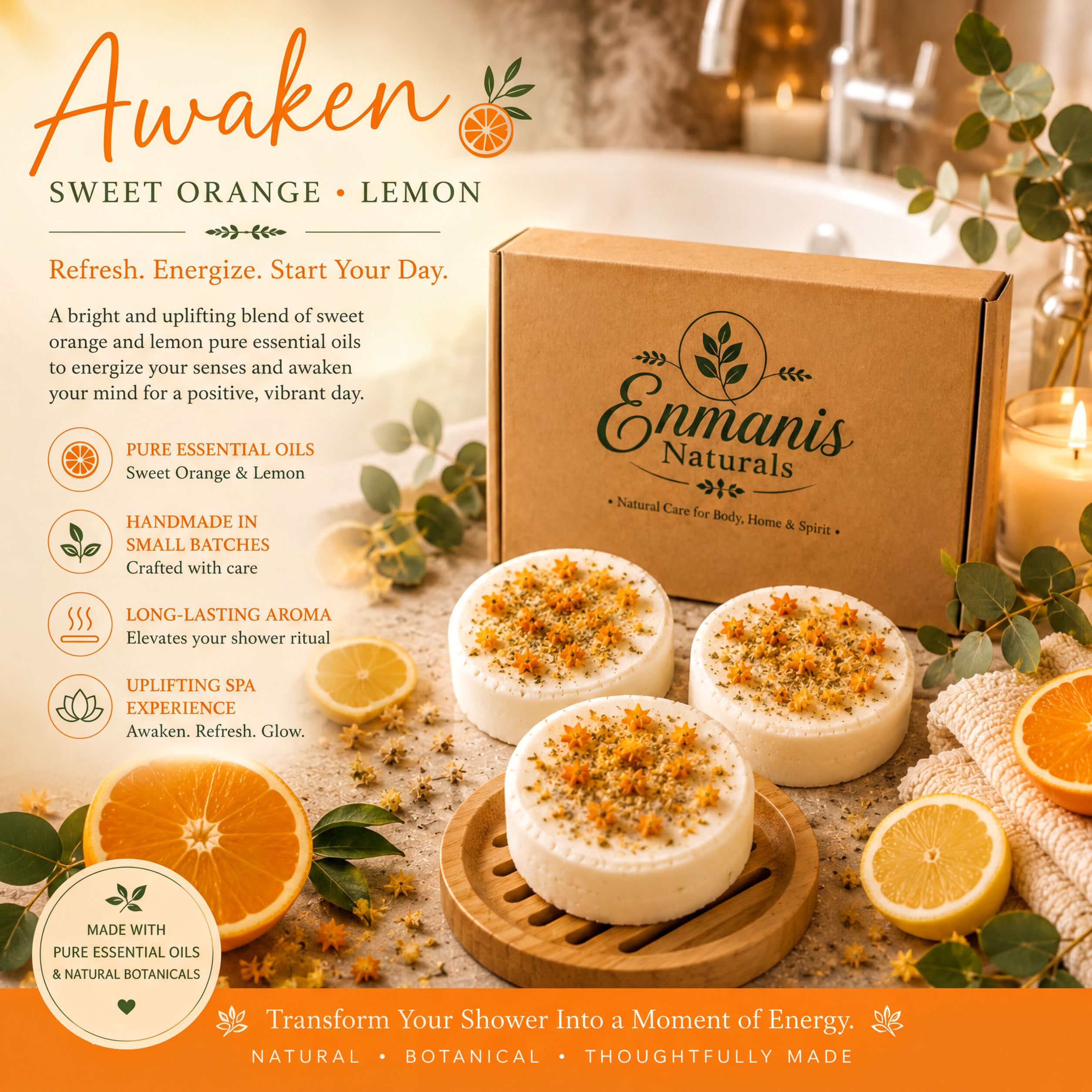 The image is an advertisement for Enmanis Naturals, featuring a box of sweet orange and lemon essential oils, along with images of the products and a decorative arrangement of oranges and lemon slices.