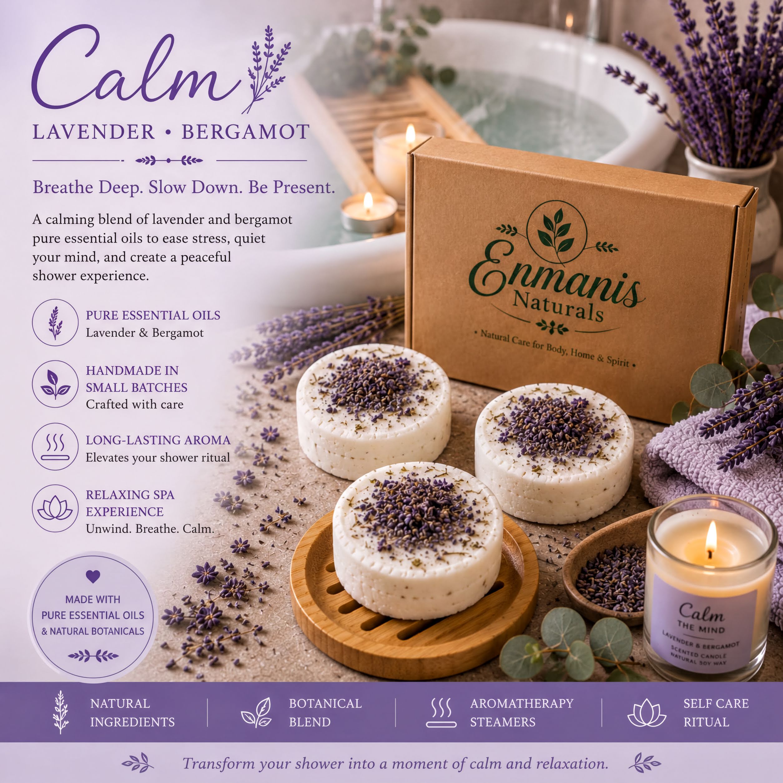 The image is an advertisement for a product called "Calm Lavender & Bergamot" that includes three lavender-scented bath bombs, a candle, and some dried lavender. The products are described as a calming blend of essential oils that can help ease stress and create a peaceful shower experience. The ad also highlights the natural ingredients and handmade nature of the product.