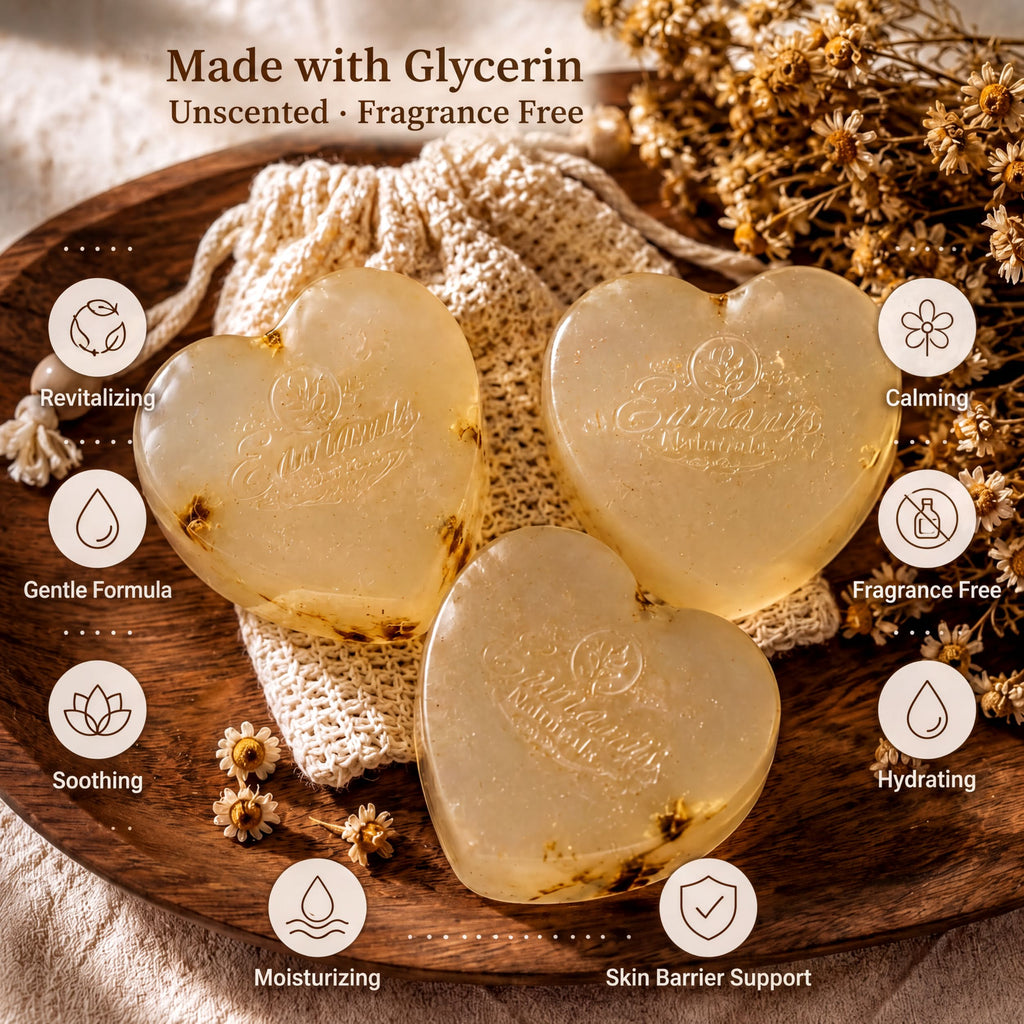 three heart-shaped soaps made with glycerin, placed on a wooden surface. The soaps are described as "made with glycerin" and "unscented", indicating that they are fragrance-free. The soaps are also described as "revitalizing", "calming", "gentle formula", "fragrance free", "soothing", "hydrating", and "skin barrier support".