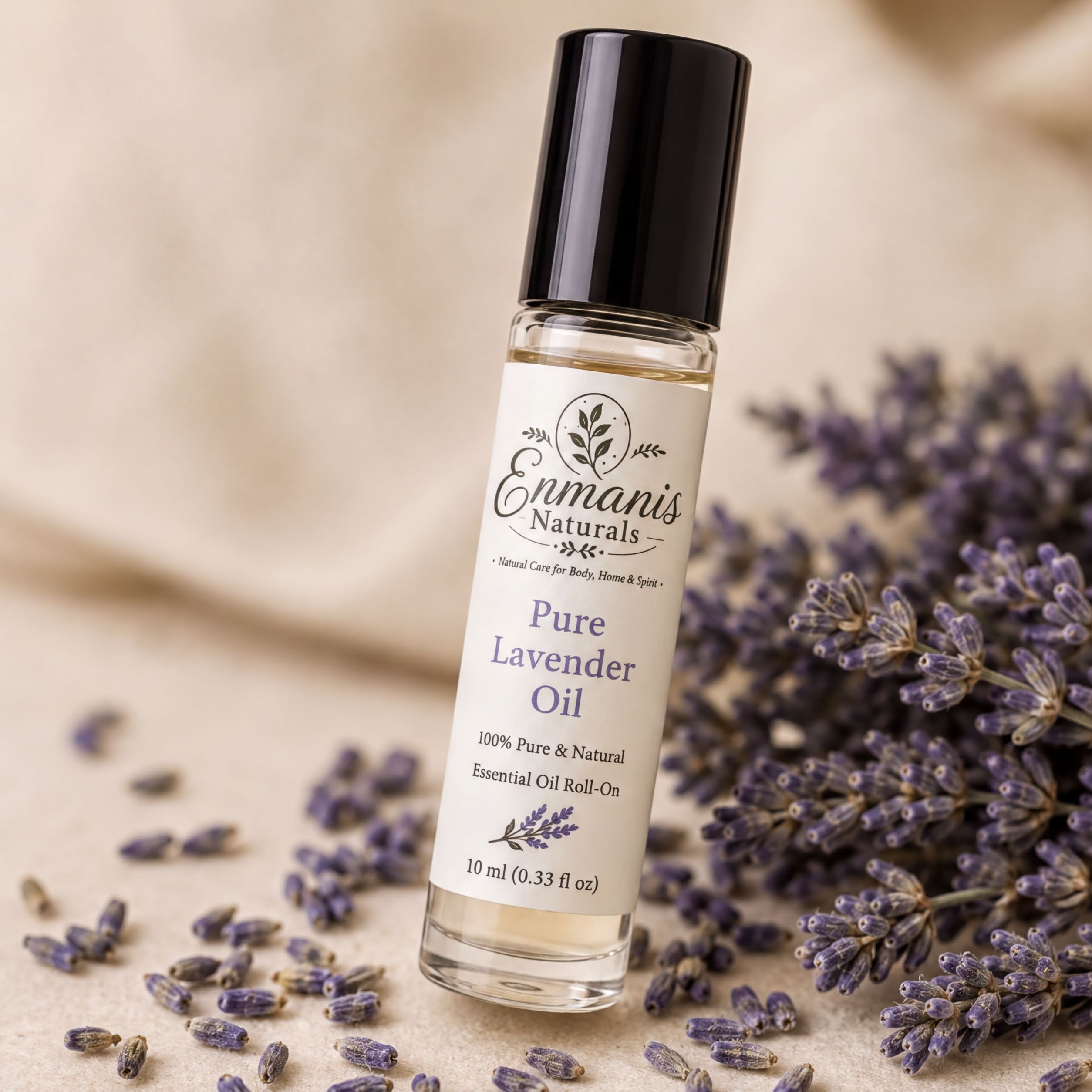 A bottle of pure lavender essential oil is placed on a bed of lavender flowers, with the lavender petals scattered around it.