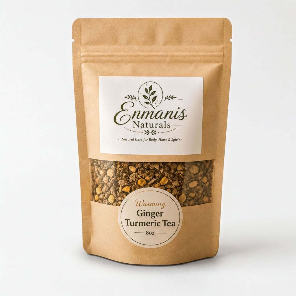 A brown paper bag containing a mixture of herbs and spices, with a label that reads "Enmanis Naturals" and "Warming Ginger Turmeric Tea" printed on it.