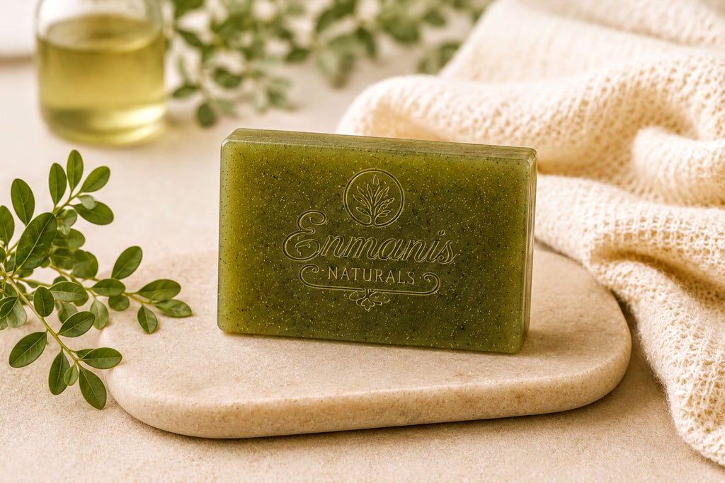 a green bar of soap with the text "Emmanis NATURALS" on it, placed on a beige surface. There are some leaves and a glass of liquid in the background, creating a natural and relaxing atmosphere.