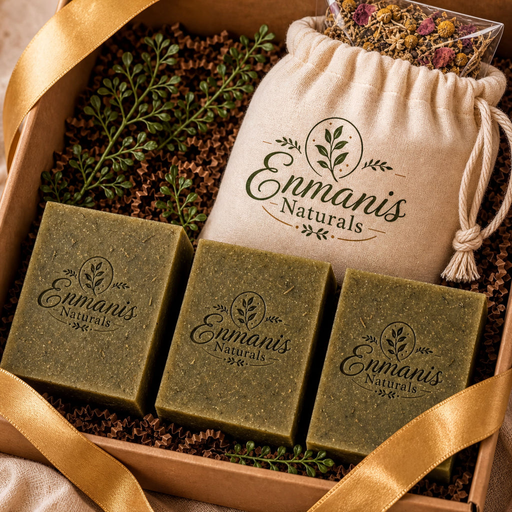A gift box containing three green bars of soap, a white drawstring bag, and some dried herbs. The bag has the text "Enmanis Naturals" printed on it.