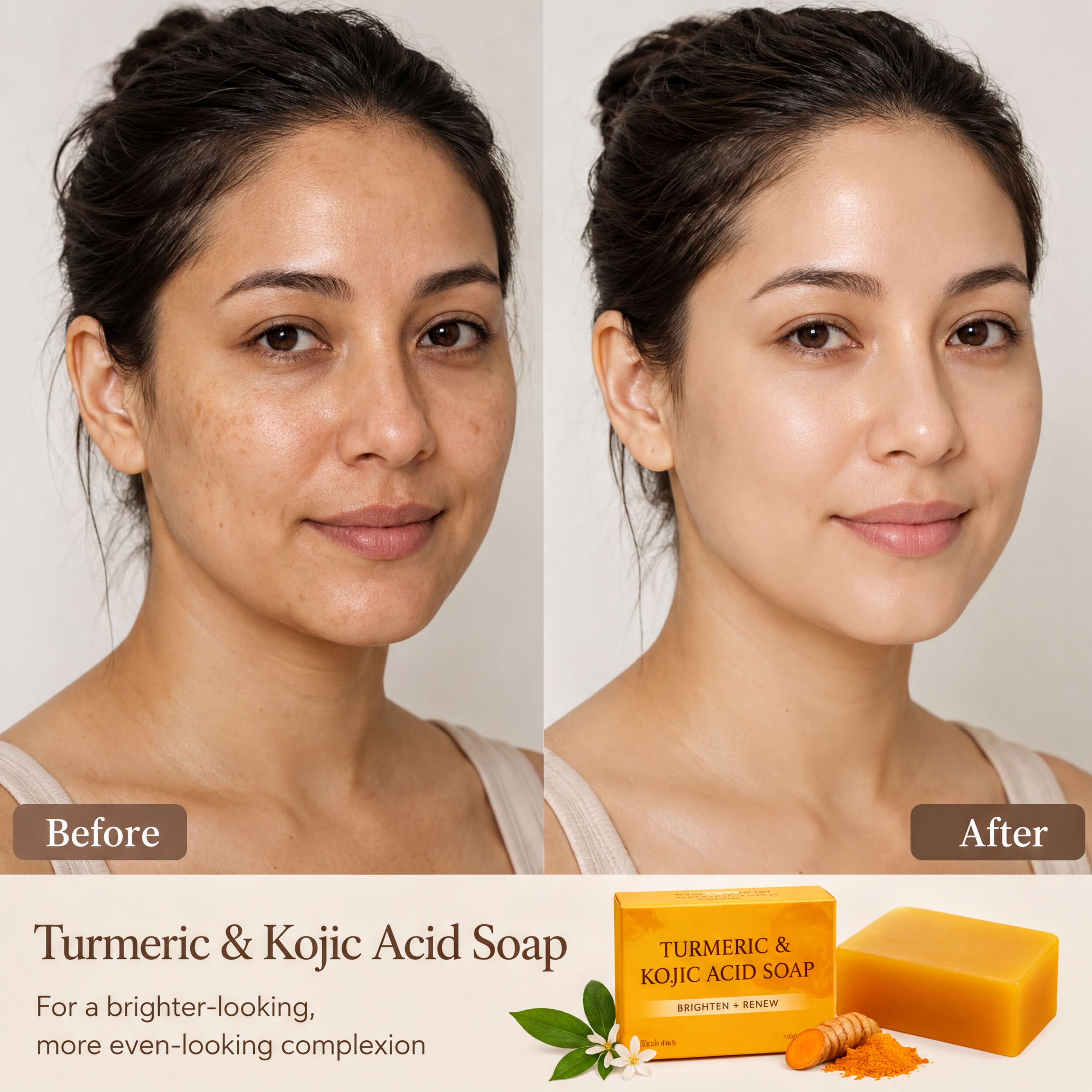The image is a before and after comparison of a woman's skin, showing the effects of using turmeric and kojic acid soap. The before image depicts a woman with visible blemishes, while the after image shows a smoother, more even complexion. The text below the images provides information about the product, stating that it is for a brighter-looking, more even-looking complexion and that it is a "TURMERIC & KOJIC ACID SOAP".