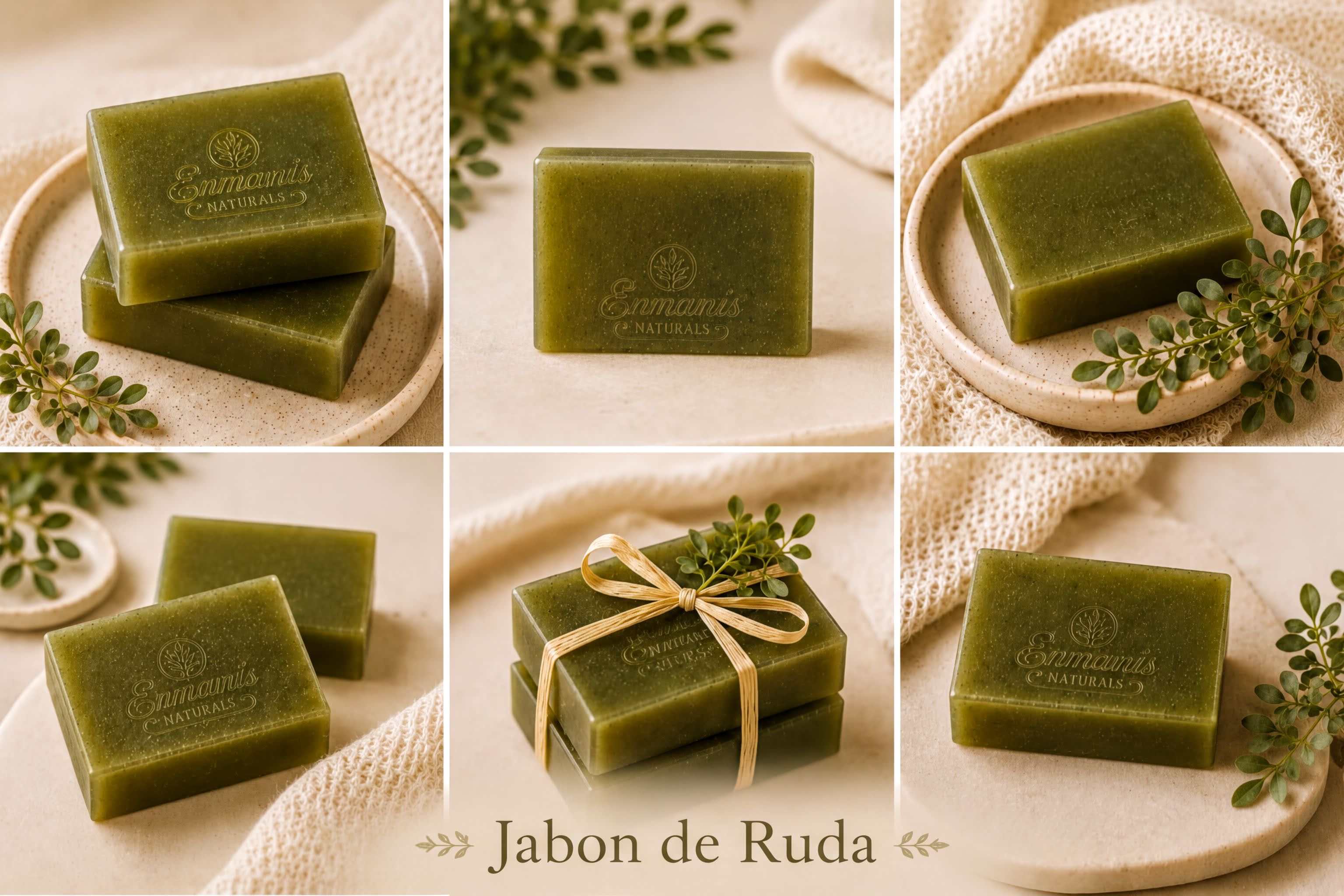 The image is a collage of six images featuring green bars of soap with a ribbon tied around them, placed on a beige surface.