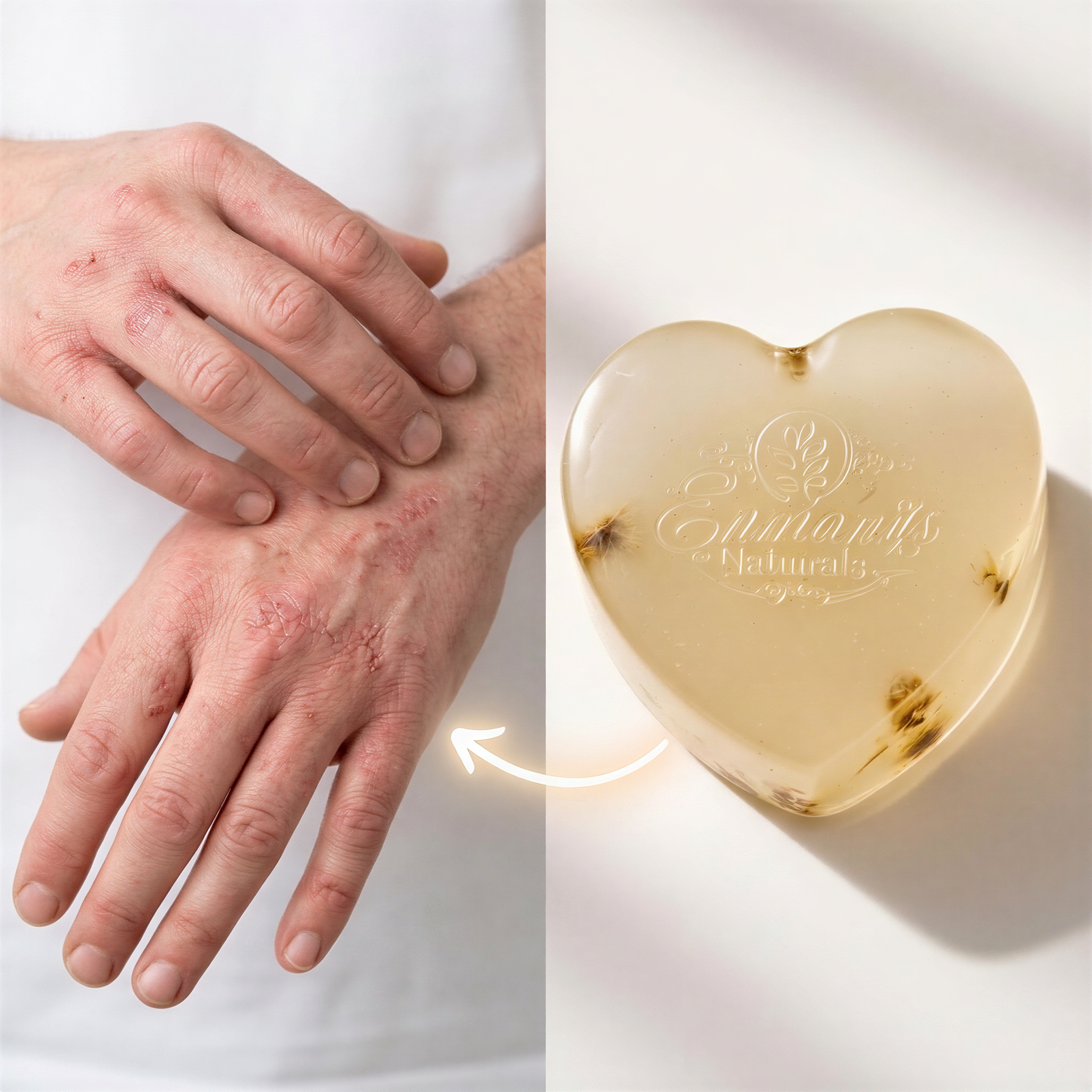 a person's hands with visible eczema patches, and a heart-shaped soap with the text "Emotional's" on it, placed on a white surface.