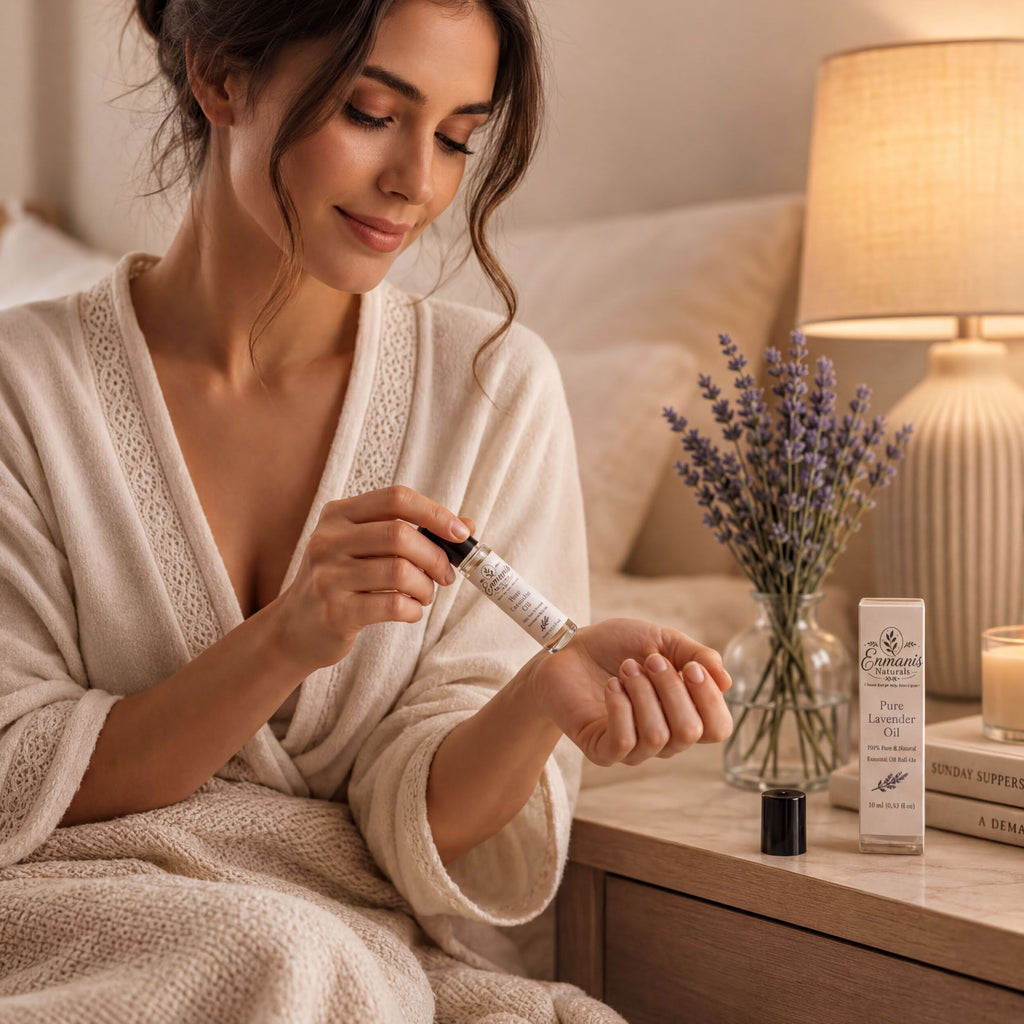 A woman in a white robe is applying a scent oil to her hand, surrounded by a lamp, a vase of lavender, and a book on a nightstand.