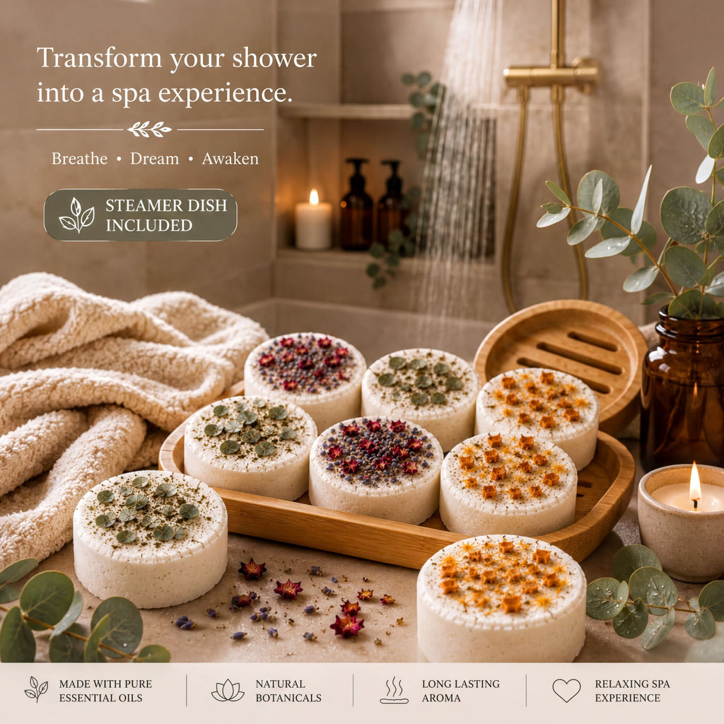Lavender Shower Steamers Gift Set | Aromatherapy Shower Bombs, Bamboo Dish Included - Enmanis Naturals