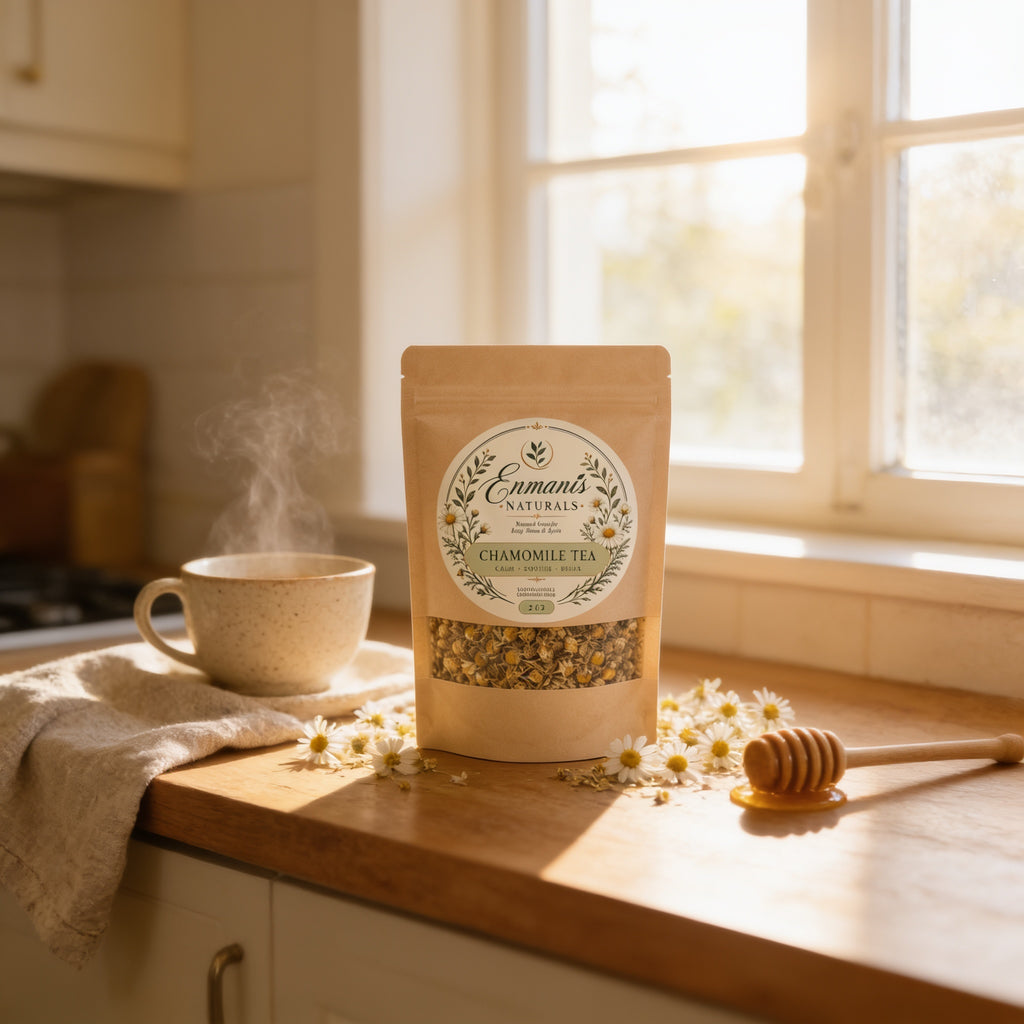 A bag of chamomile tea sits on a kitchen counter, with a steaming cup of tea nearby and a honey dipper.