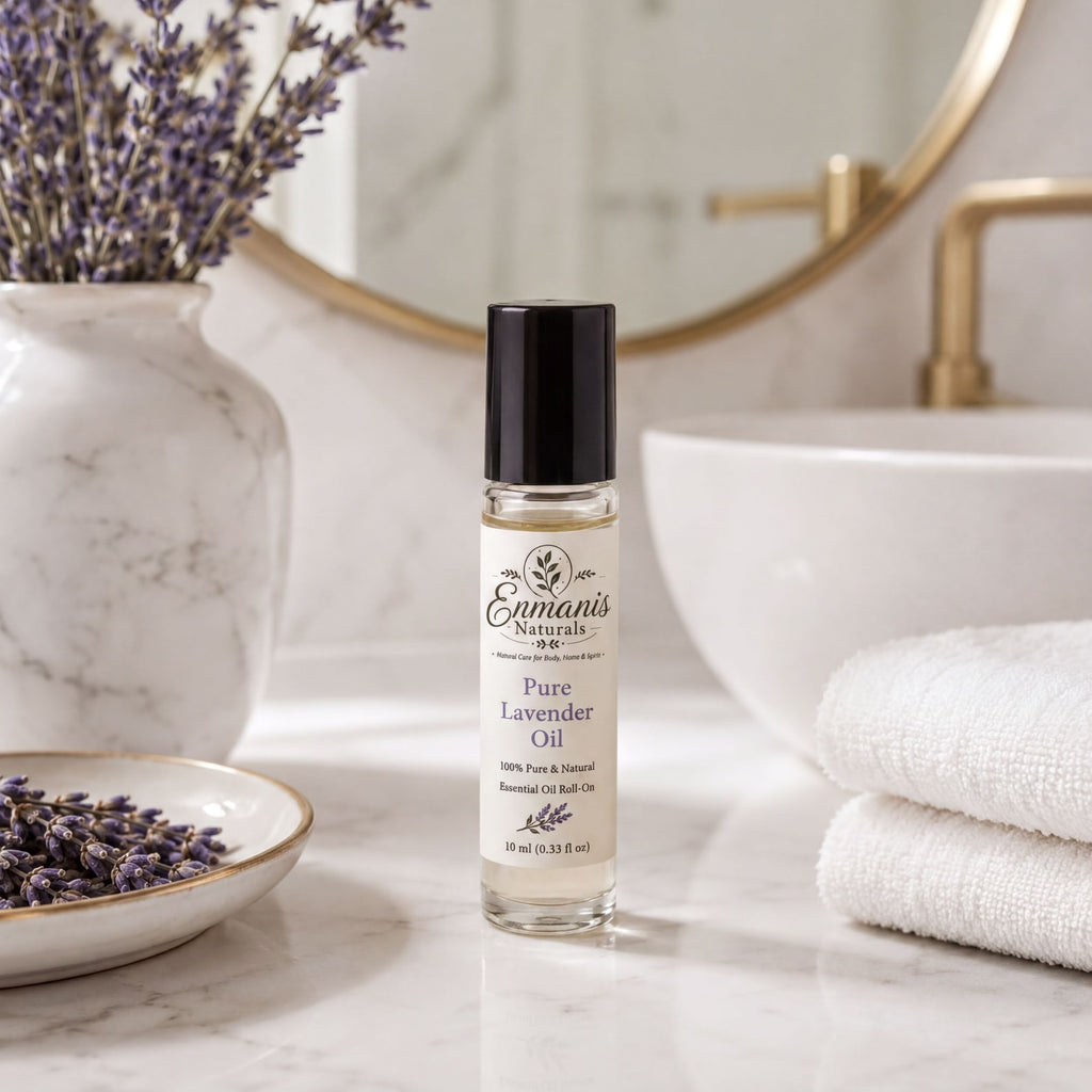 a bottle of pure lavender oil placed on a marble countertop, with a vase of lavender flowers nearby and a white bowl of lavender buds.