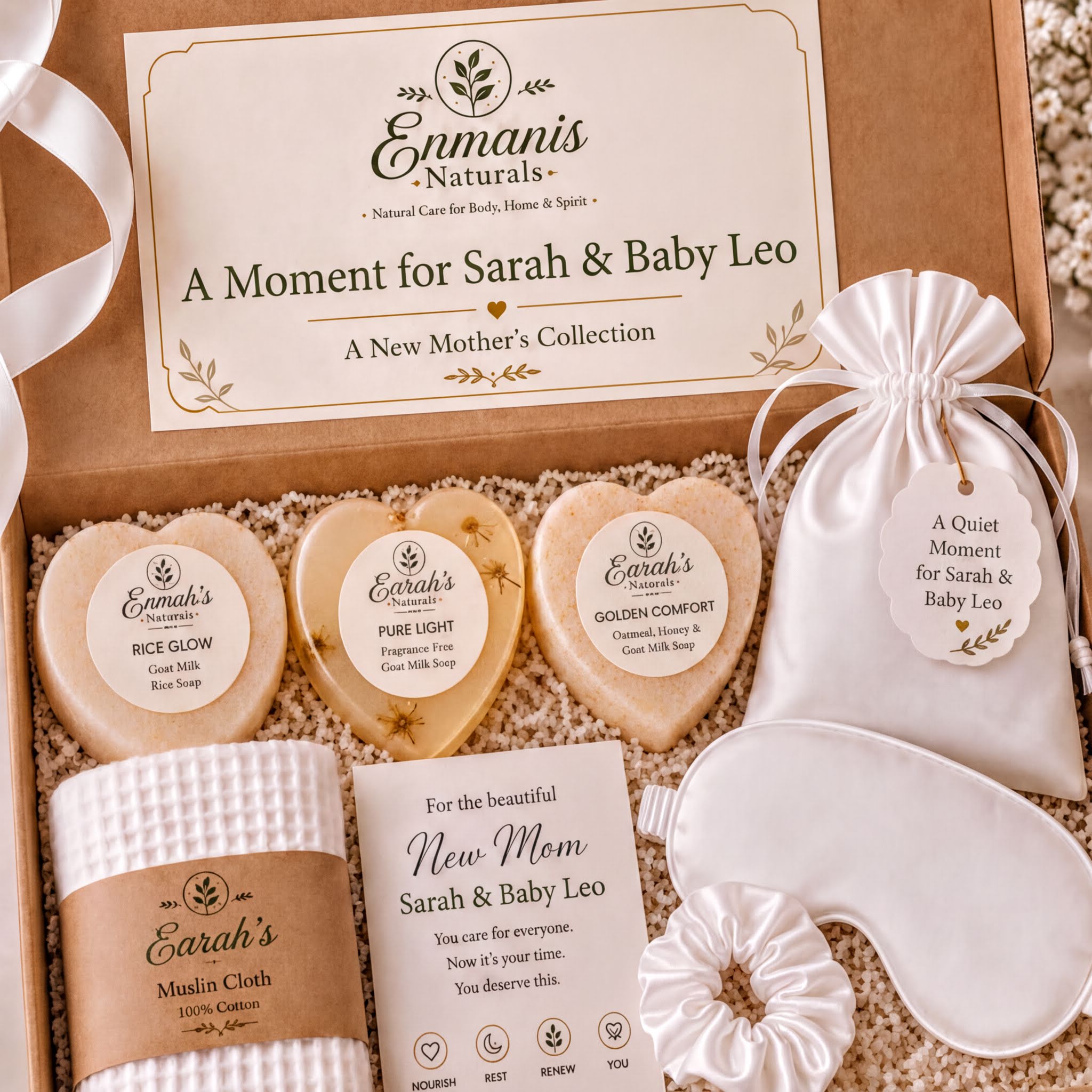 A gift box containing various items for a new mother, including a white eye mask, a white cloth, and three heart-shaped soap bars.