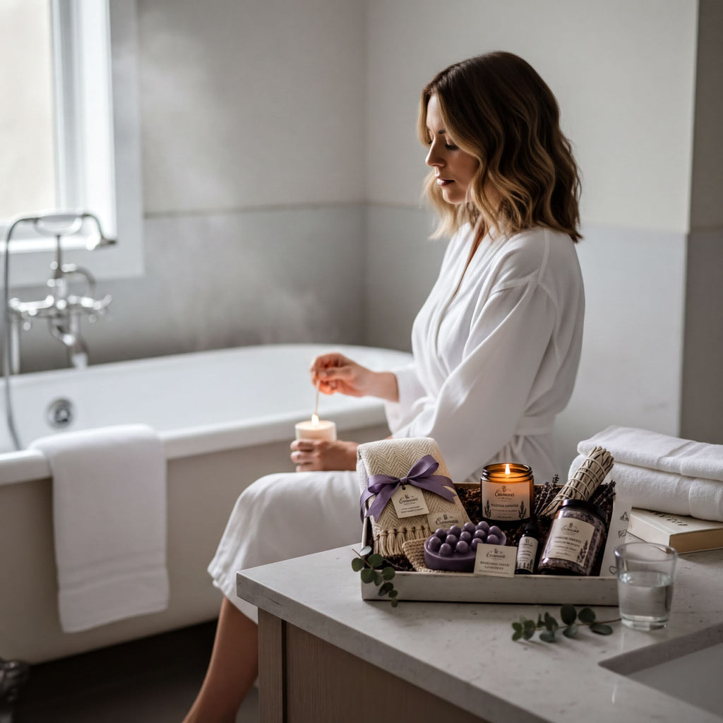 A woman in a white robe sits in a bathtub, surrounded by candles, a tray of bath products, and a glass of water.