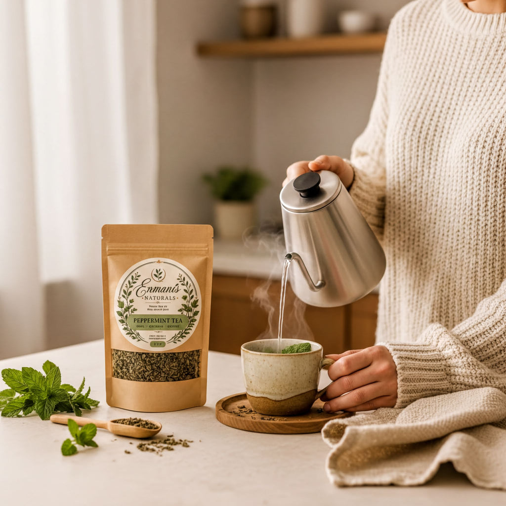 A person is pouring hot water from a silver kettle into a mug, which is filled with a steaming beverage, likely peppermint tea, on a kitchen counter. There is a bag of peppermint tea and a wooden spoon nearby.