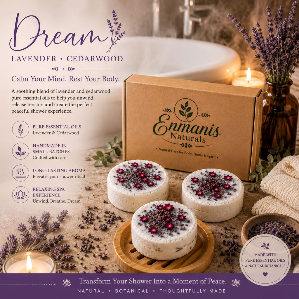 The image is an advertisement for bath products, featuring a box of bath bombs with lavender and cedarwood scents, along with a vase of purple flowers, a candle, and some dried lavender.